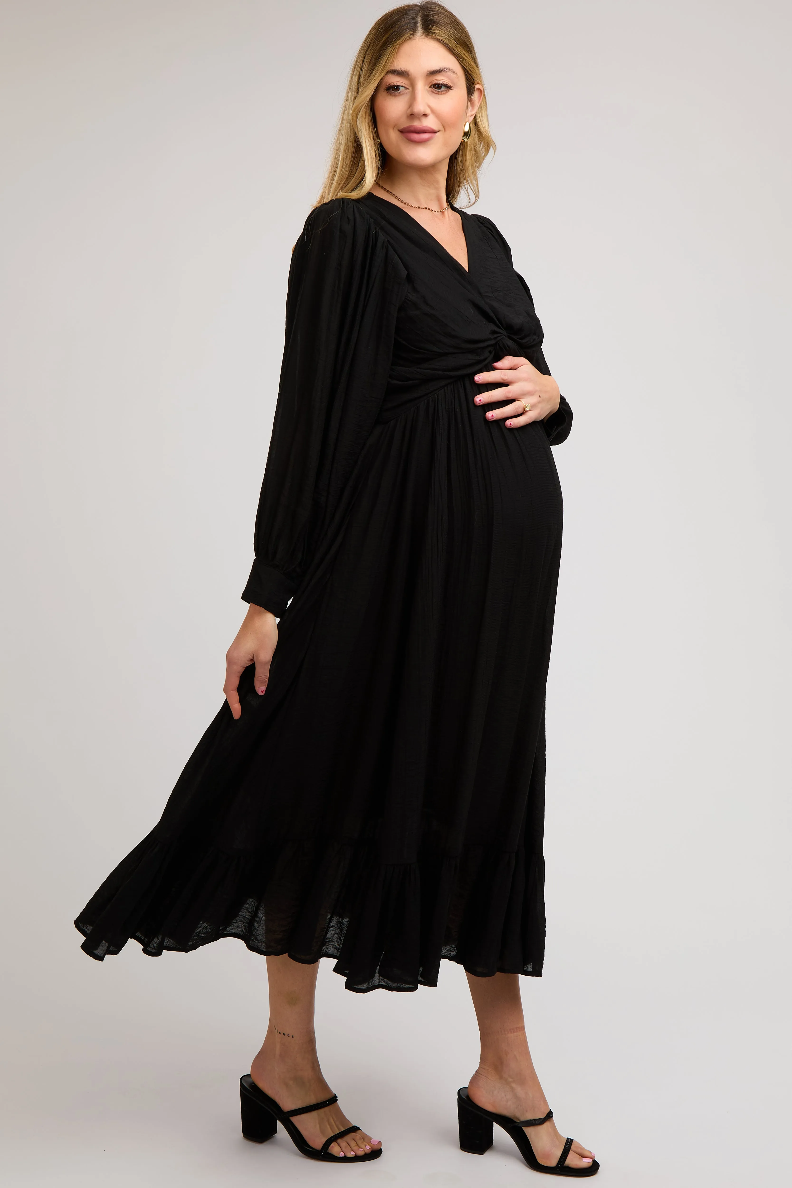 Black Twisted Front Long Sleeve Ruffle Hem Maternity Midi Dress sold by Pinkblush product image thumbnail 3