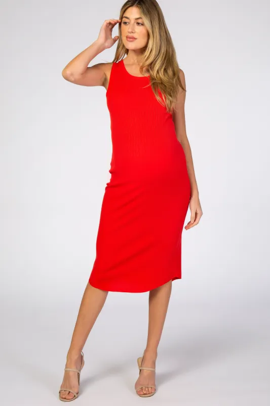Red Ribbed Sleeveless Maternity Midi Dress sold by Pinkblush