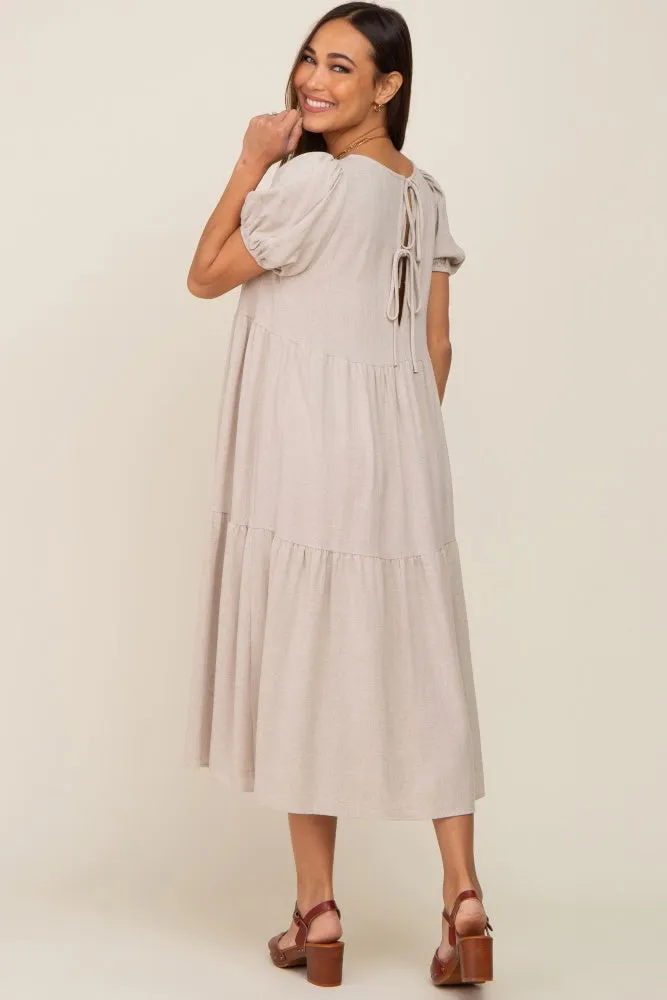 Beige Linen Short Sleeve Tiered Back Tie Maternity Midi Dress sold by Pinkblush product image thumbnail 2