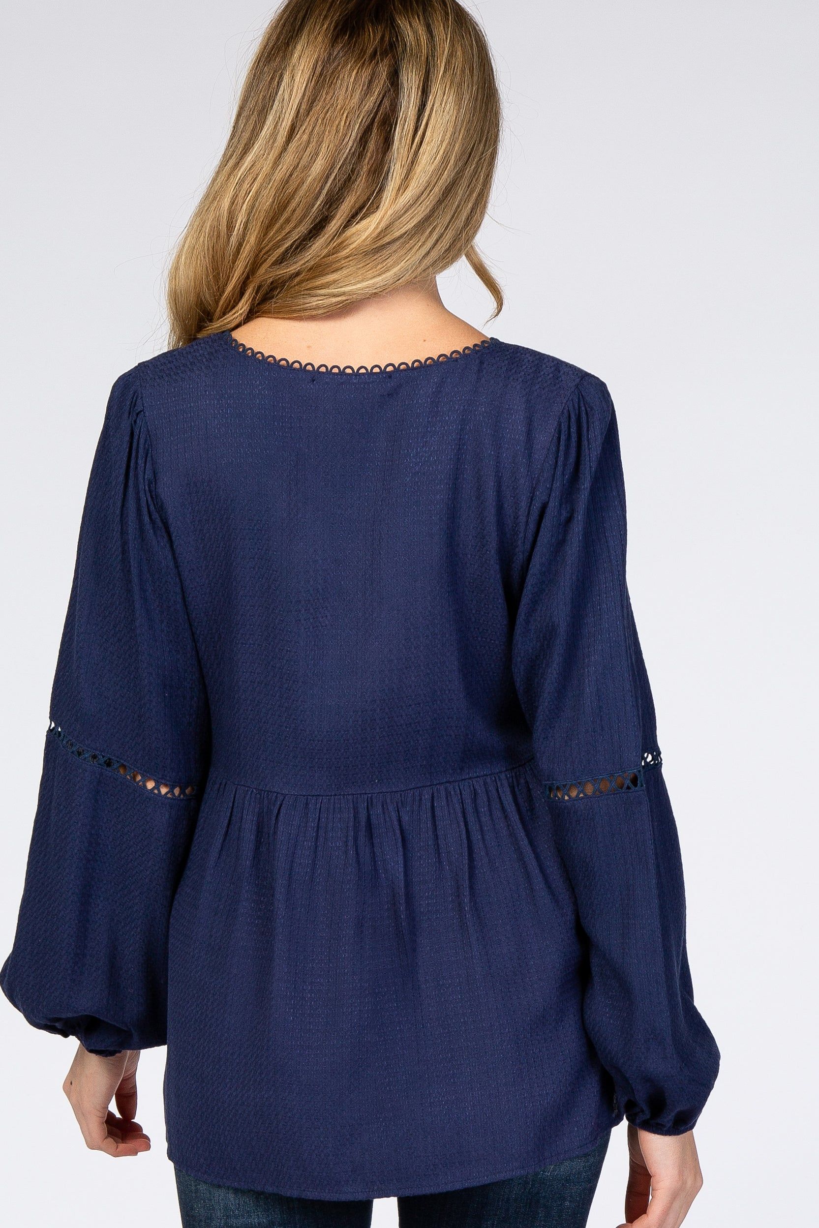 Navy Blue Textured Crochet Trim Maternity Blouse sold by Pinkblush product image thumbnail 3