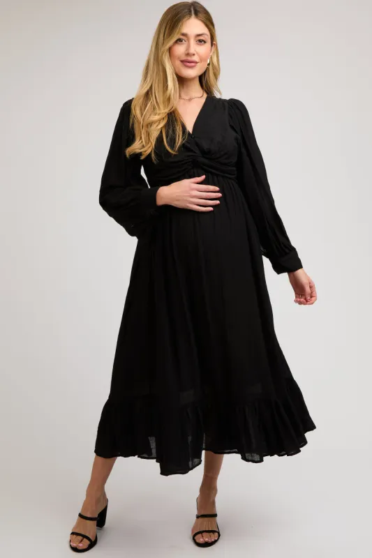 Black Twisted Front Long Sleeve Ruffle Hem Maternity Midi Dress sold by Pinkblush