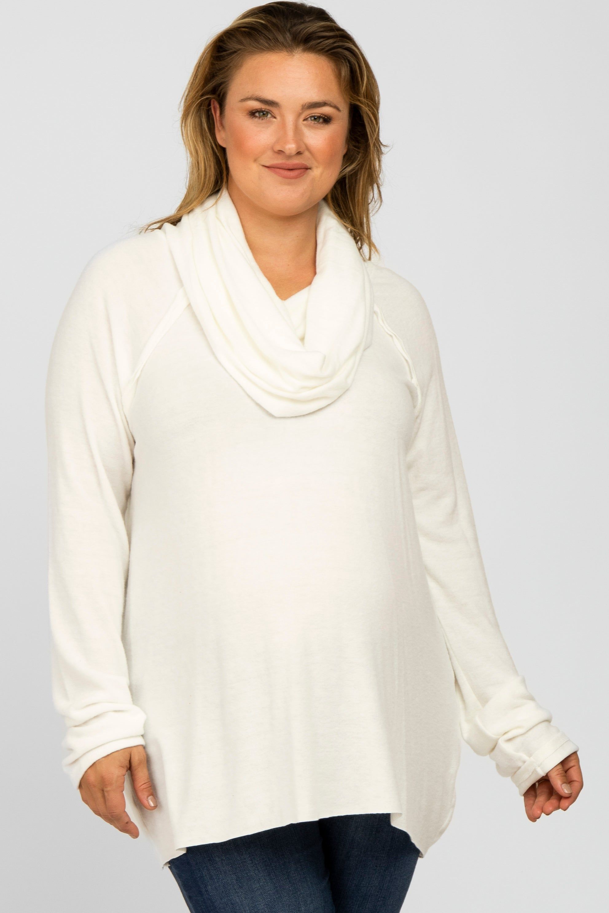 Ivory Brushed Knit Cowl Neck Long Sleeve Plus Maternity Top sold by Pinkblush