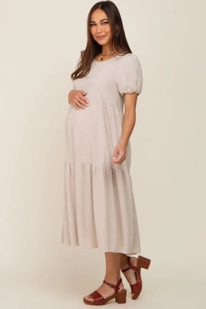 Beige Linen Short Sleeve Tiered Back Tie Maternity Midi Dress sold by Pinkblush product image thumbnail 3