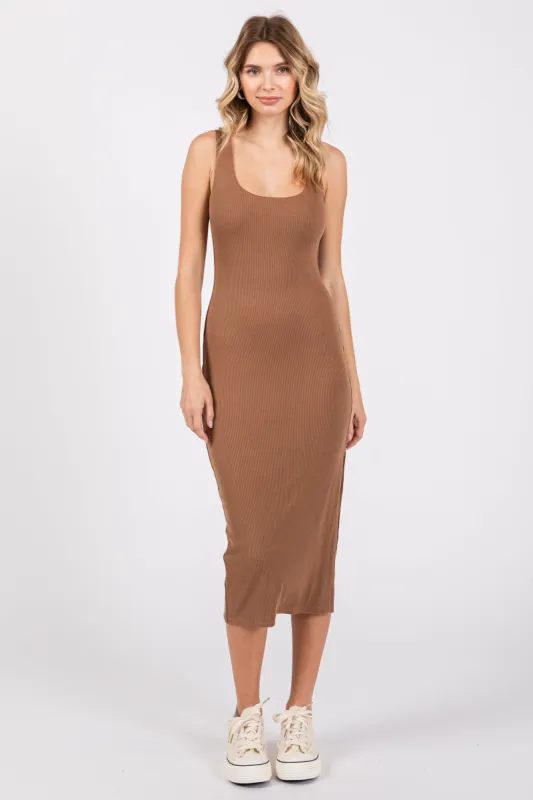 Camel Ribbed Knit Sleeveless Side Slit Dress sold by Pinkblush