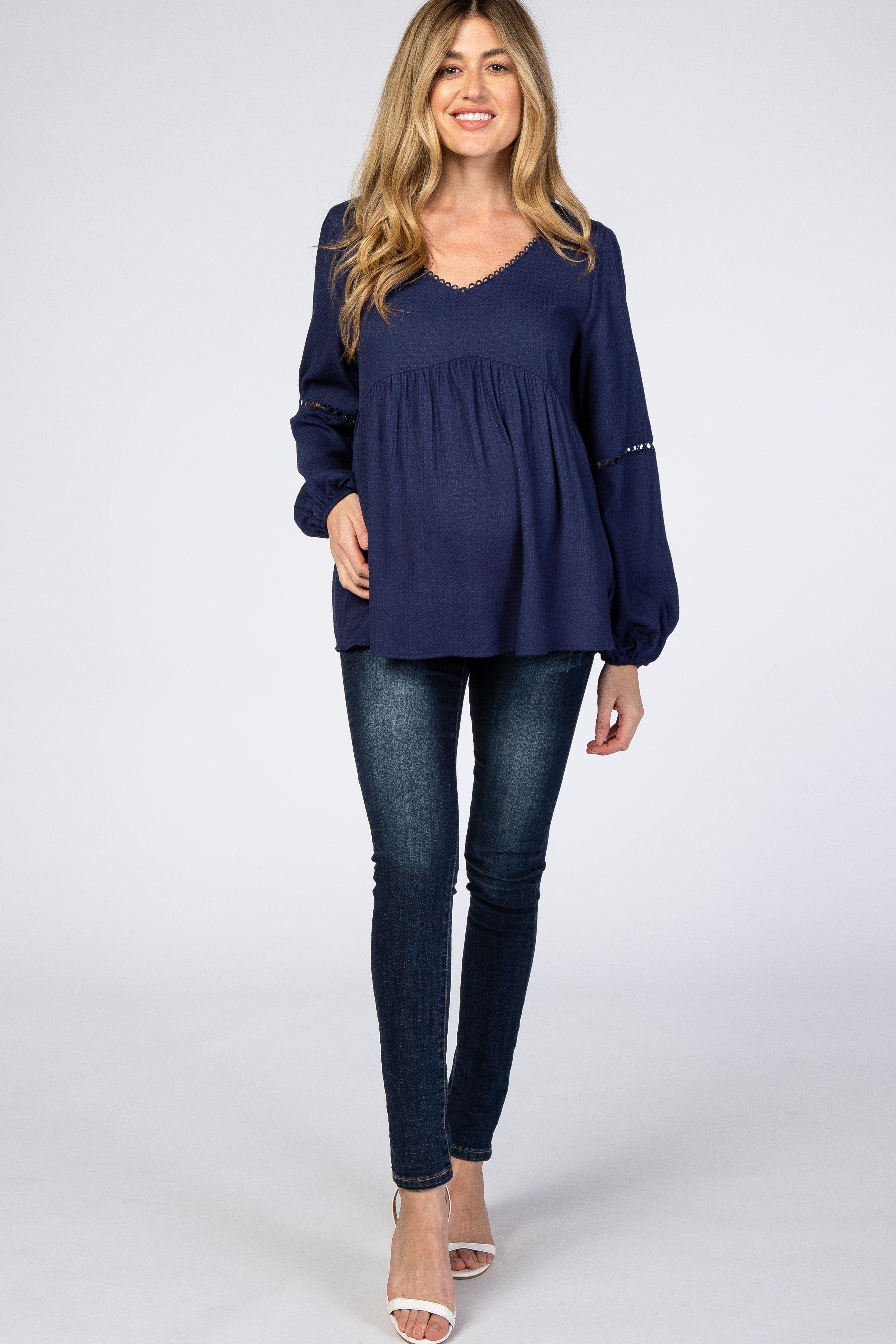 Navy Blue Textured Crochet Trim Maternity Blouse sold by Pinkblush product image thumbnail 4