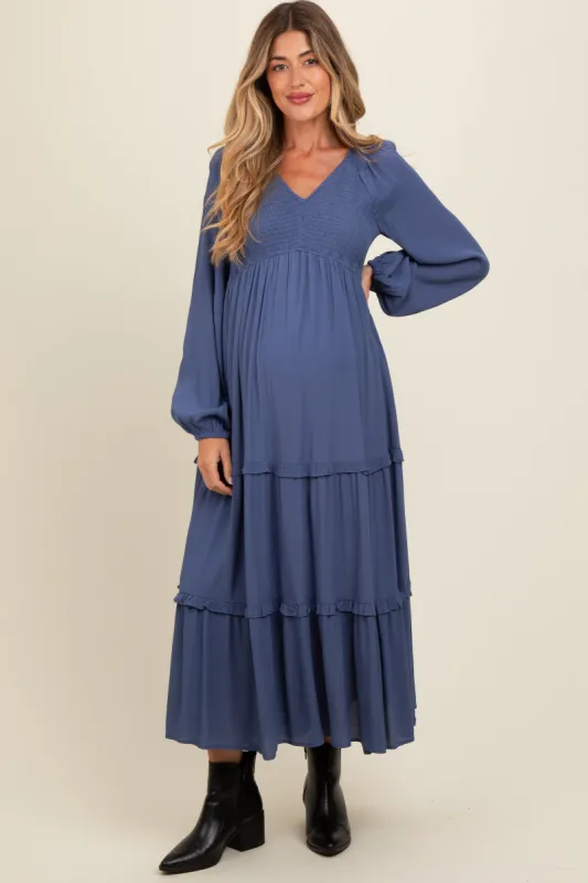 Blue Smocked Tiered Maternity Midi Dress sold by Pinkblush