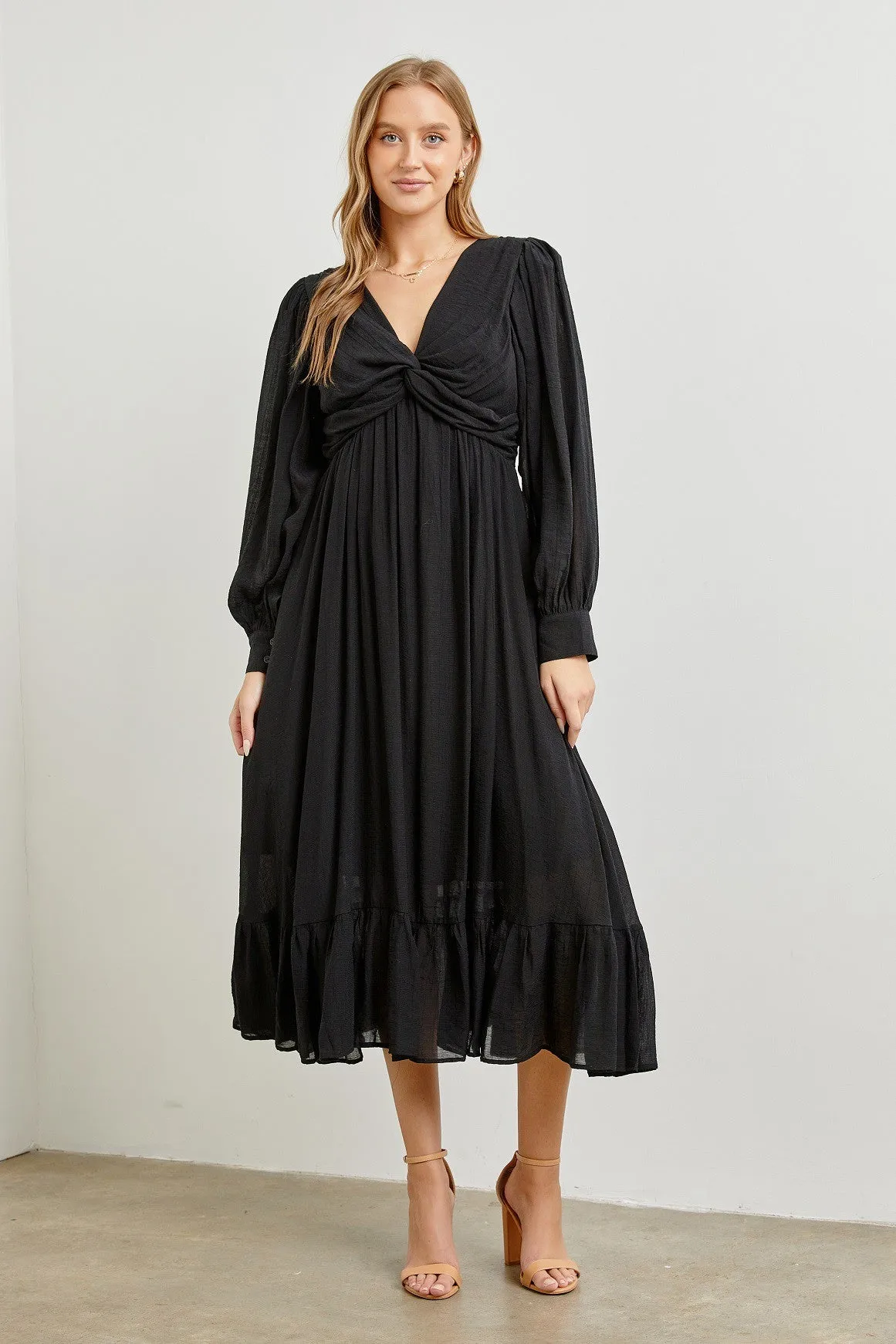 Black Twisted Front Long Sleeve Ruffle Hem Maternity Midi Dress sold by Pinkblush product image thumbnail 5