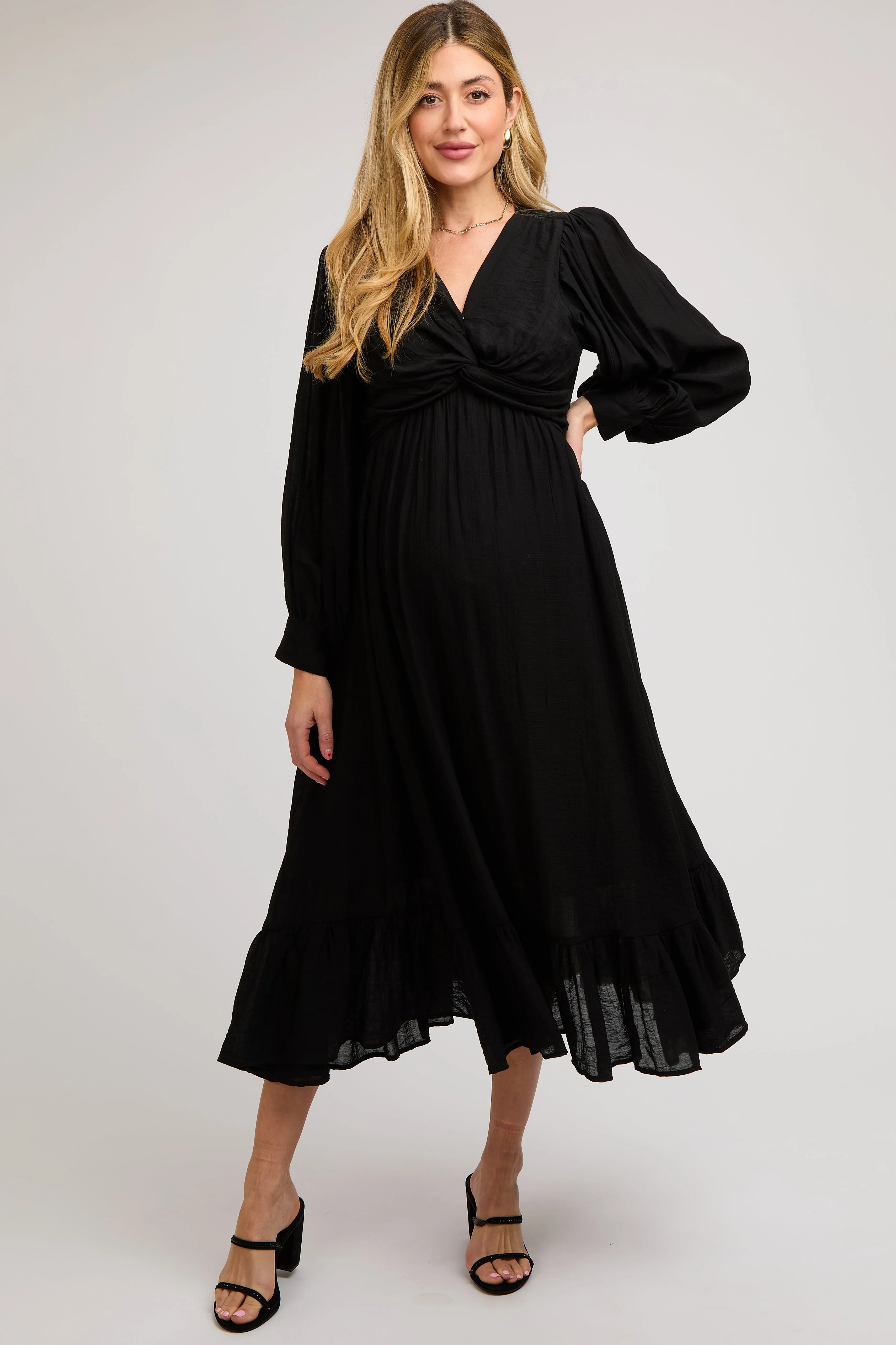 Black Twisted Front Long Sleeve Ruffle Hem Maternity Midi Dress sold by Pinkblush product image thumbnail 2