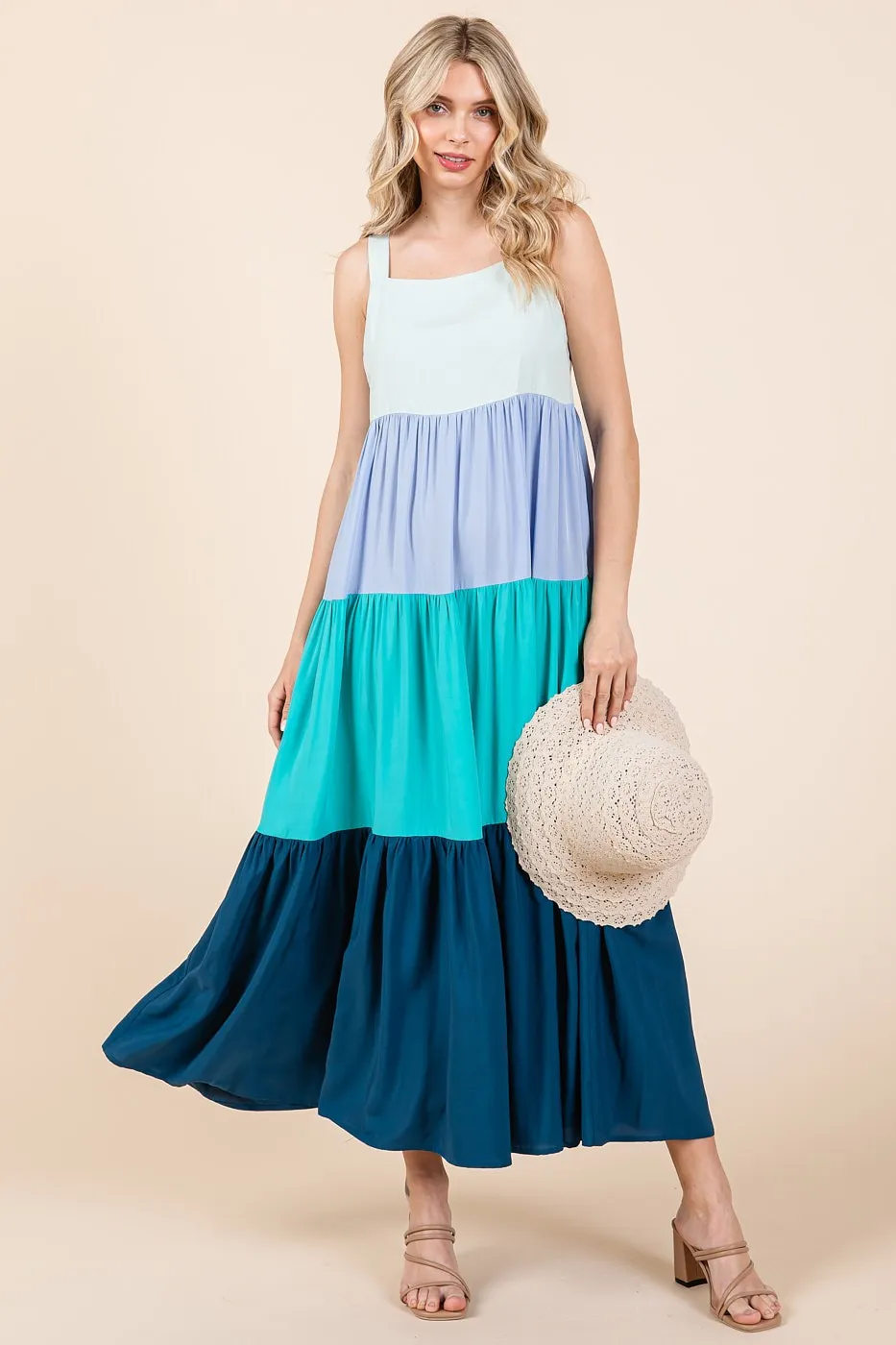 Blue Tiered Colorblock Maxi Dress sold by Pinkblush