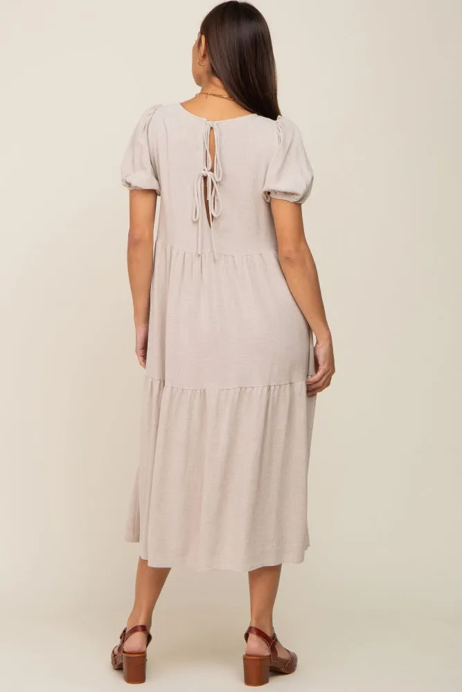 Beige Linen Short Sleeve Tiered Back Tie Maternity Midi Dress sold by Pinkblush product image thumbnail 4