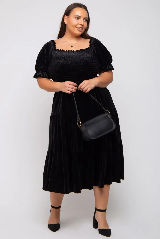 Black Velvet Tiered Plus Midi Dress sold by Pinkblush