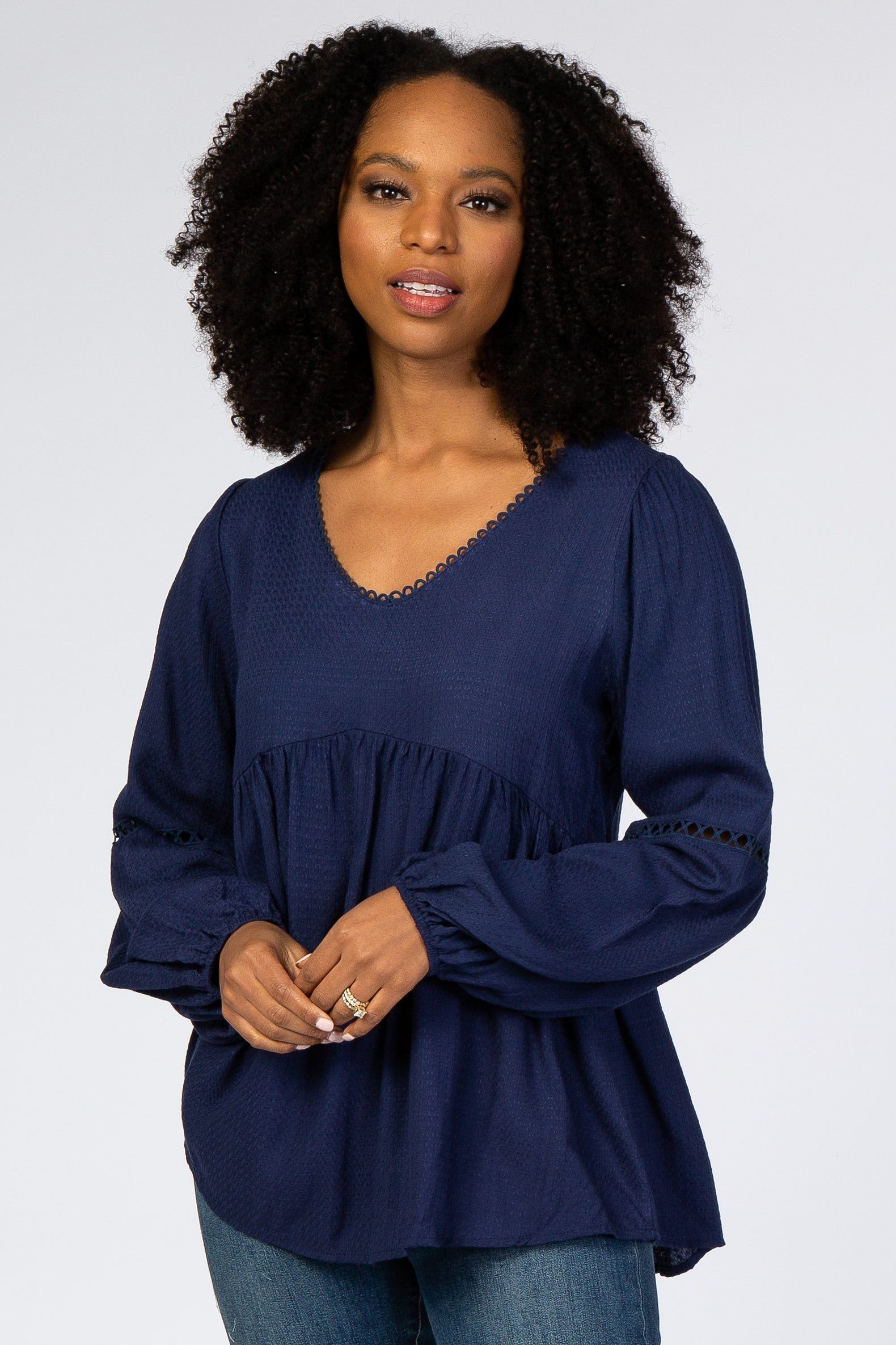 Navy Blue Textured Crochet Trim Maternity Blouse sold by Pinkblush product image thumbnail 5