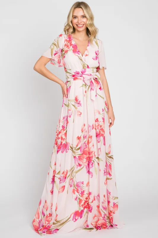 Pink Tulip Floral Chiffon Wrap Front Short Sleeve Maxi Dress sold by Pinkblush