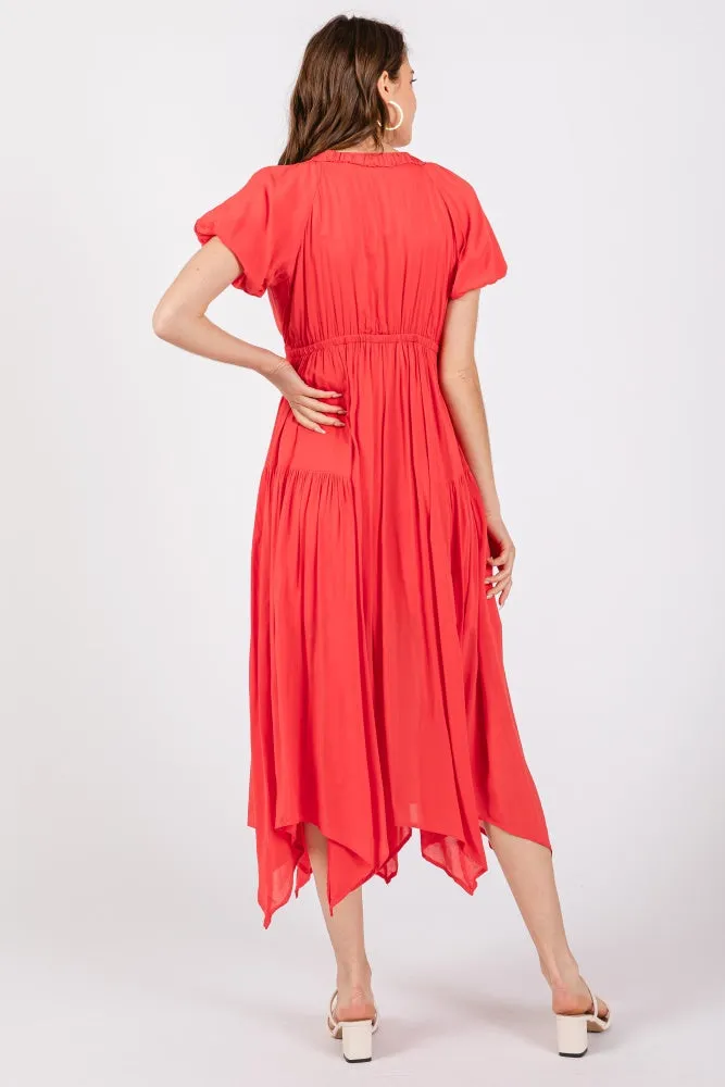 Red Deep V-Neck Puff Short Sleeve Asymmetrical Hem Midi Dress sold by Pinkblush product image thumbnail 3