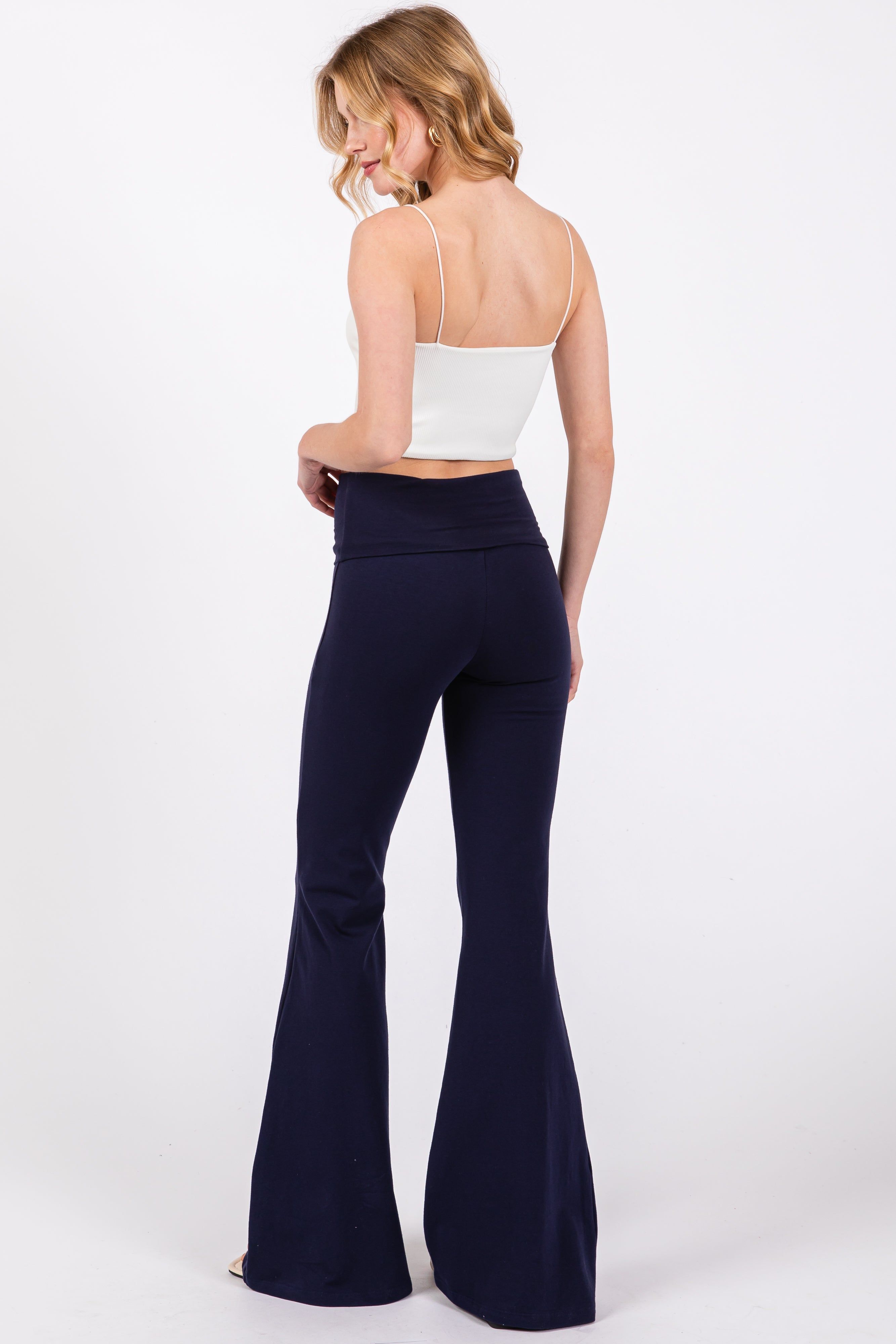 Navy Blue Fold-Over Waistband Flared Leggings sold by Pinkblush product image thumbnail 3