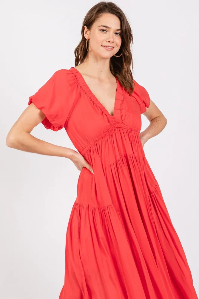 Red Deep V-Neck Puff Short Sleeve Asymmetrical Hem Midi Dress sold by Pinkblush product image thumbnail 4