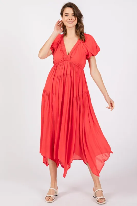 Red Deep V-Neck Puff Short Sleeve Asymmetrical Hem Midi Dress sold by Pinkblush