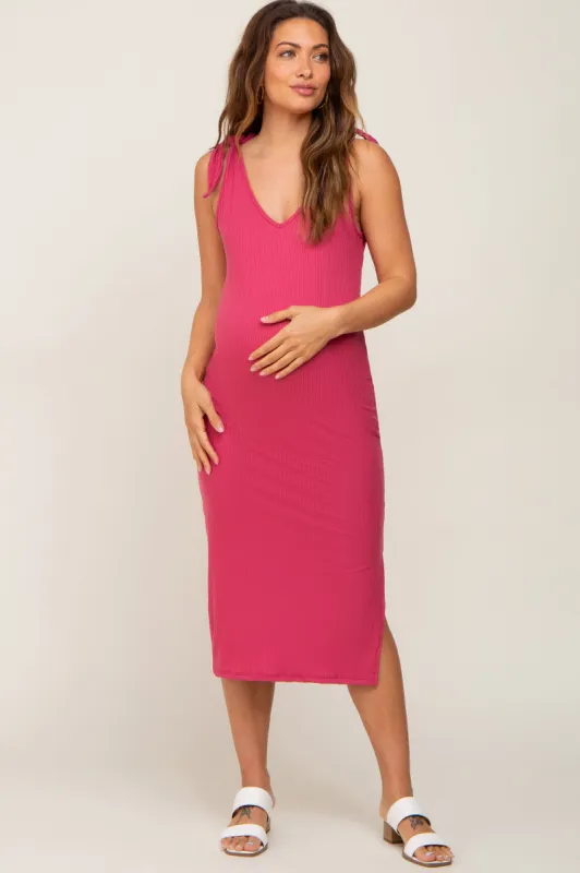 Magenta Ribbed Shoulder Tie Maternity Midi Dress sold by Pinkblush