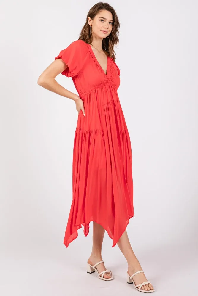 Red Deep V-Neck Puff Short Sleeve Asymmetrical Hem Midi Dress sold by Pinkblush product image thumbnail 2