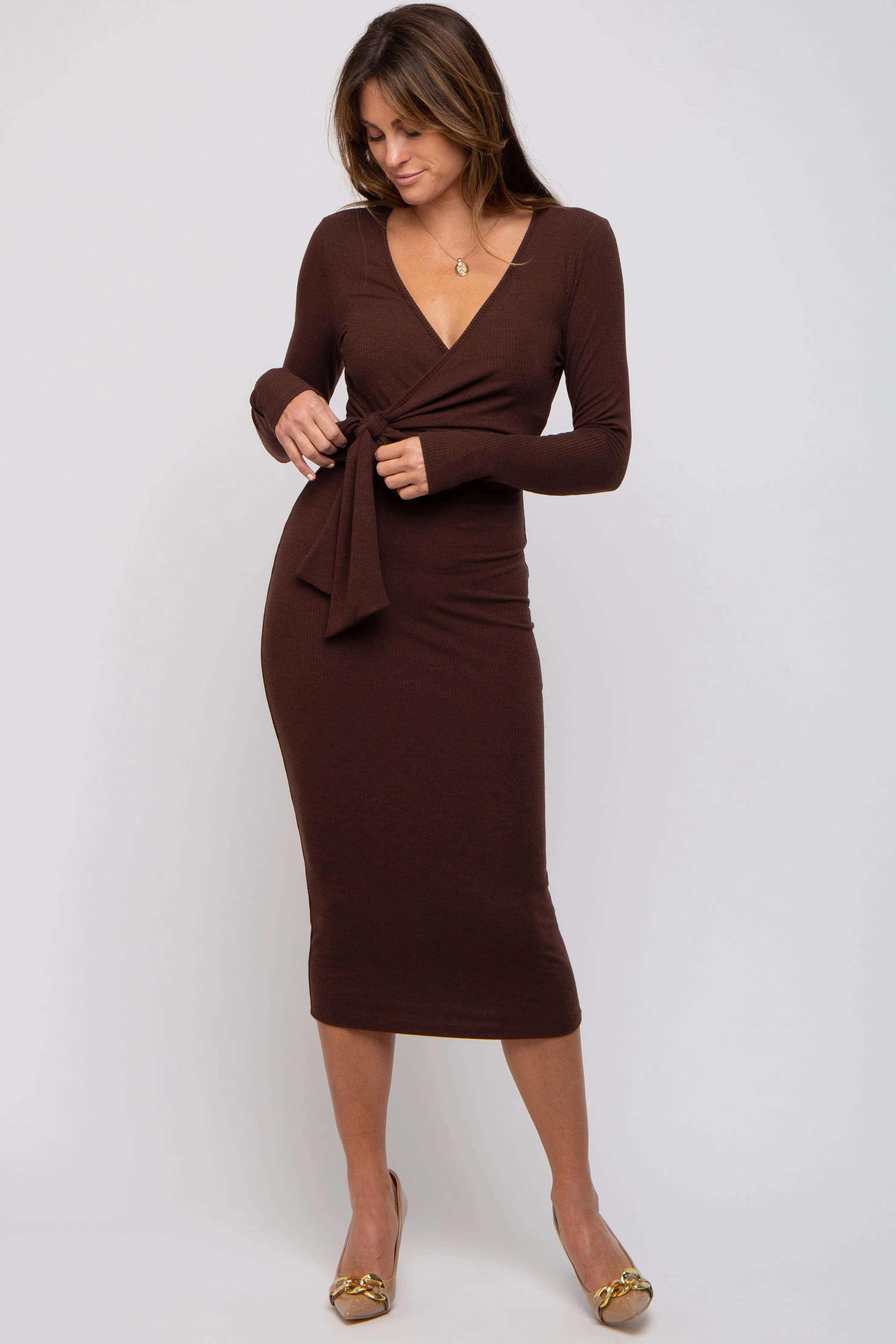 Brown Ribbed Long Sleeve Wrap Dress sold by Pinkblush product image thumbnail 4