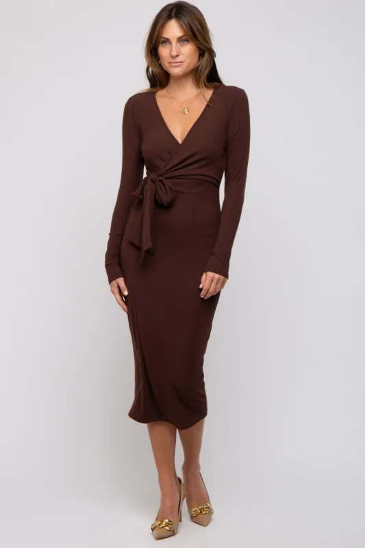 Brown Ribbed Long Sleeve Wrap Dress sold by Pinkblush