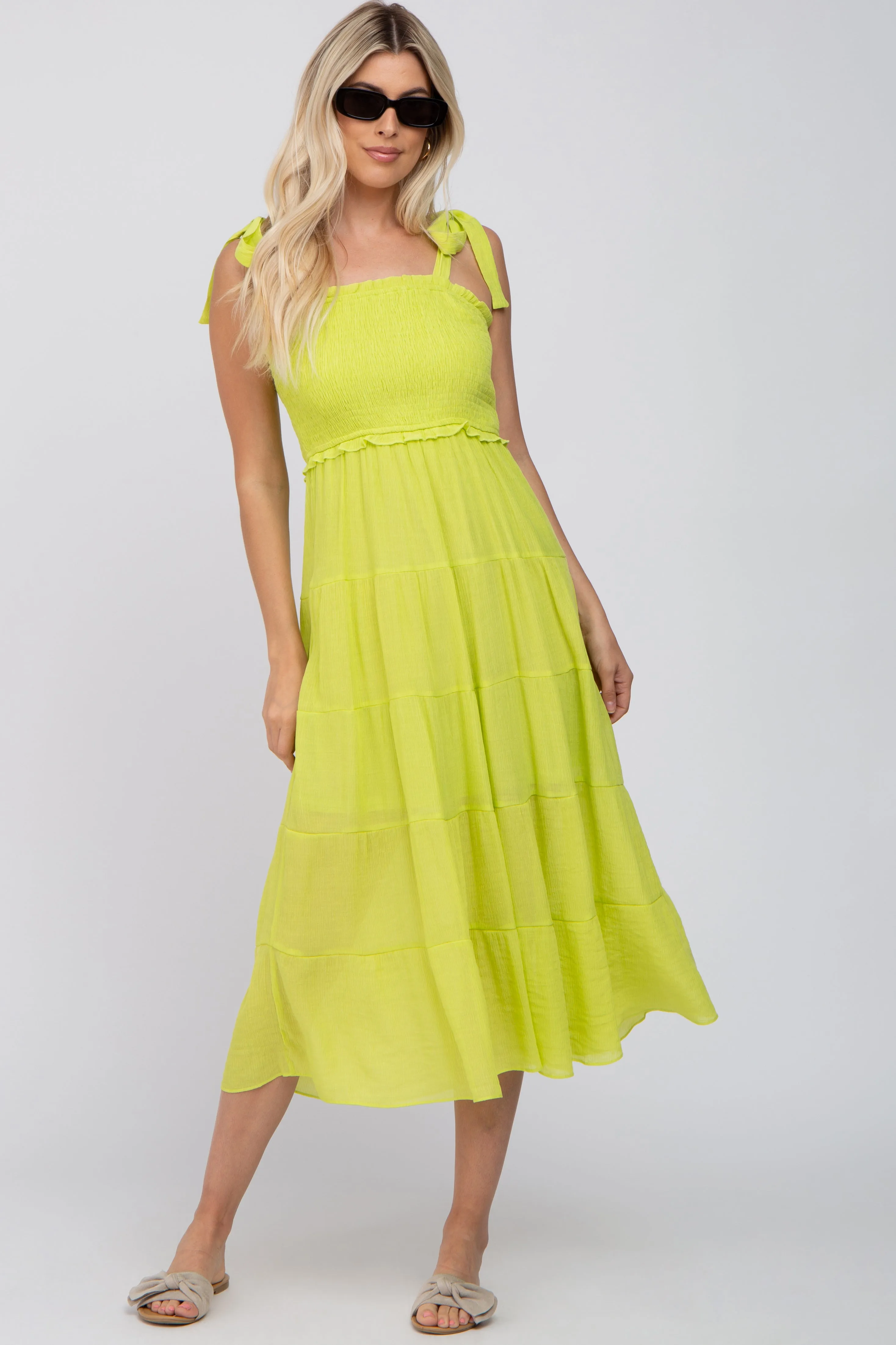 Neon Yellow Smocked Tie Strap Tiered Midi Dress sold by Pinkblush