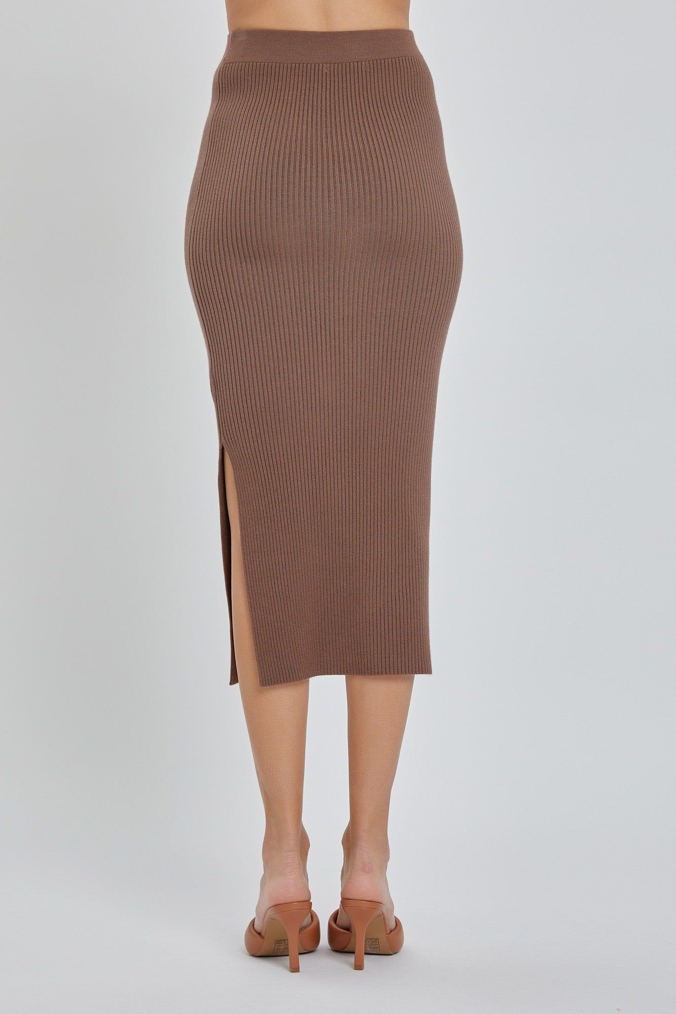 Brown Ribbed Fitted Side Slit Midi Skirt sold by Pinkblush product image thumbnail 3