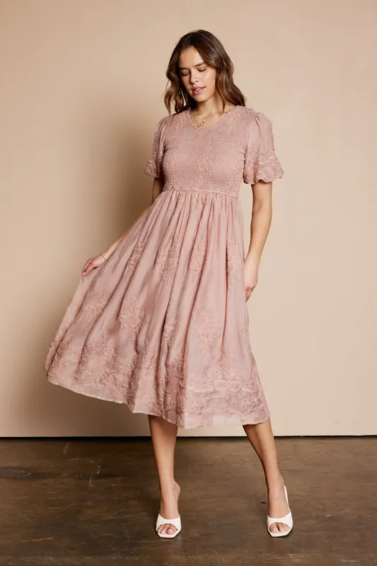 Mauve Floral Lace Smocked Midi Dress sold by Pinkblush