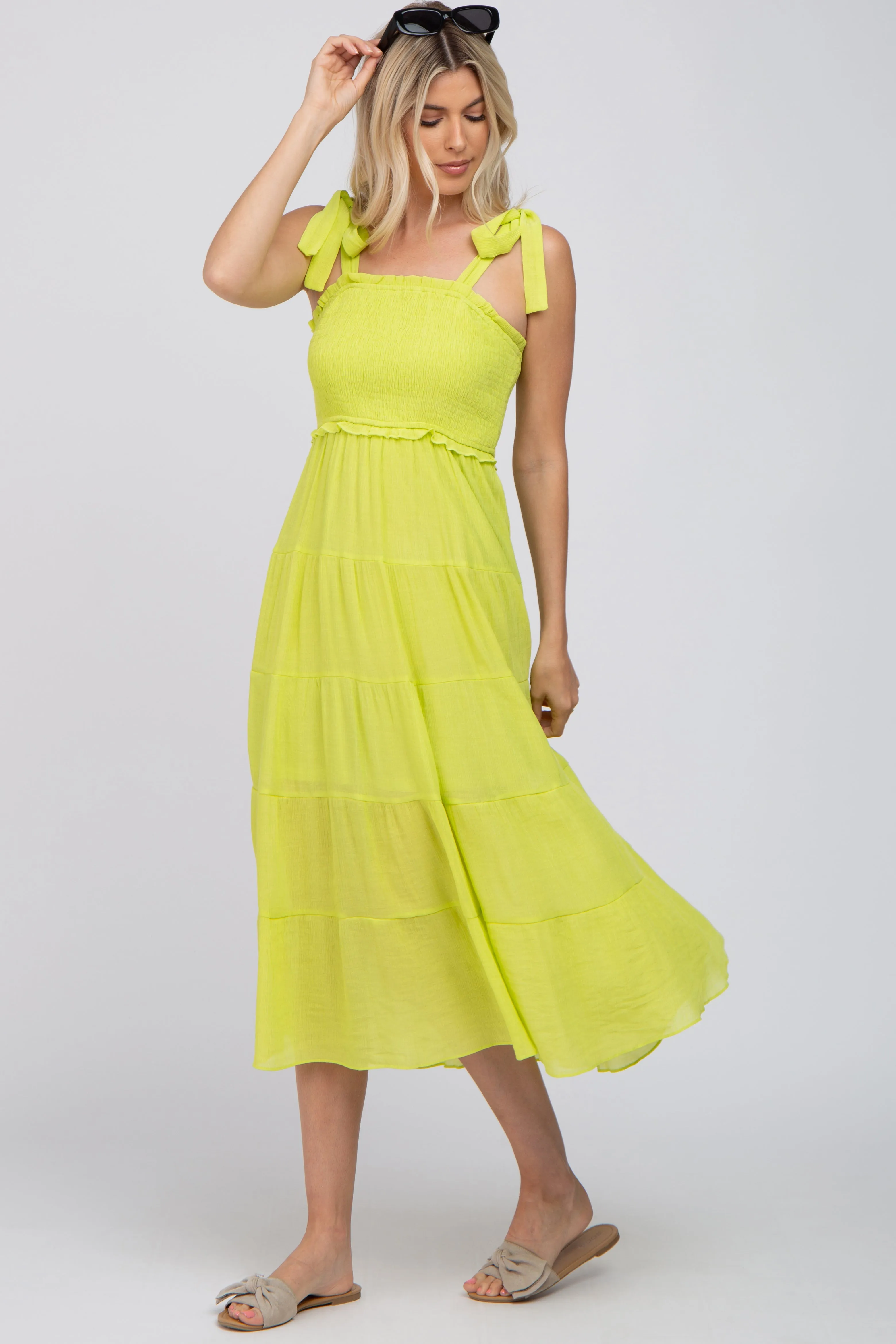 Neon Yellow Smocked Tie Strap Tiered Midi Dress sold by Pinkblush product image thumbnail 2