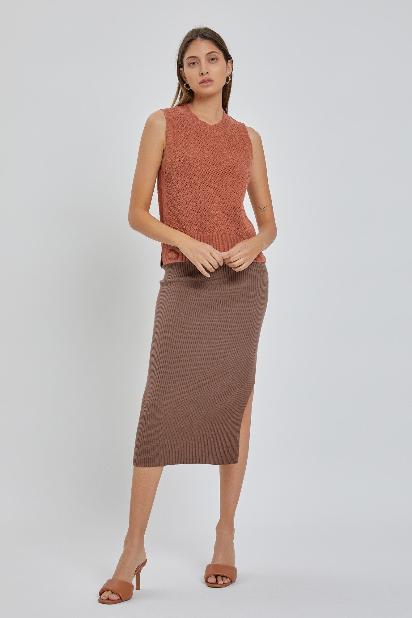 Brown Ribbed Fitted Side Slit Midi Skirt sold by Pinkblush