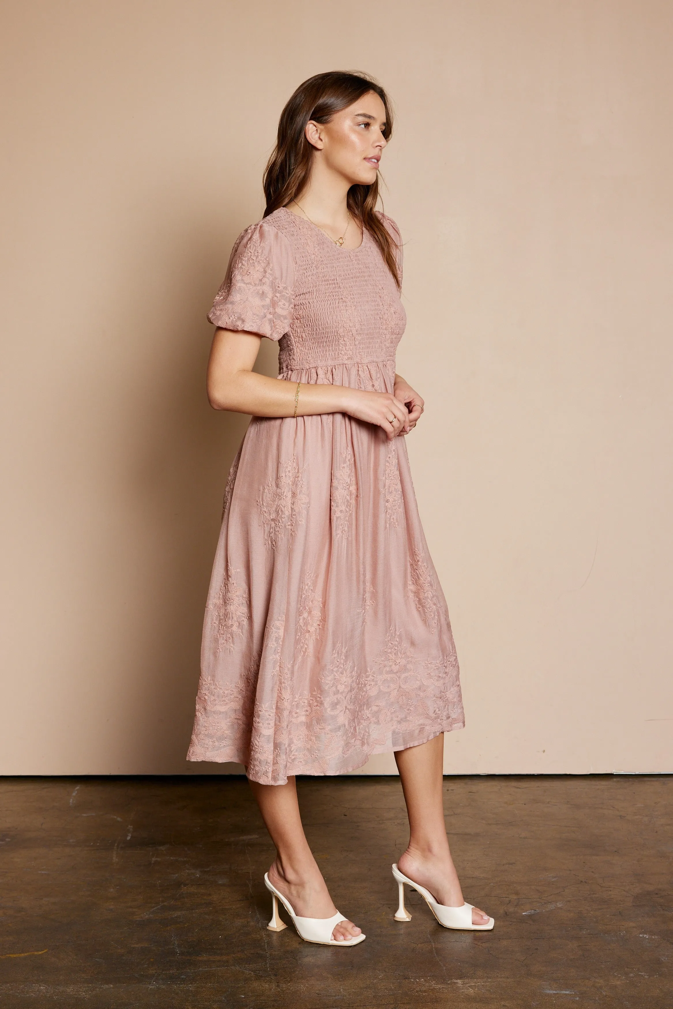 Mauve Floral Lace Smocked Midi Dress sold by Pinkblush product image thumbnail 2