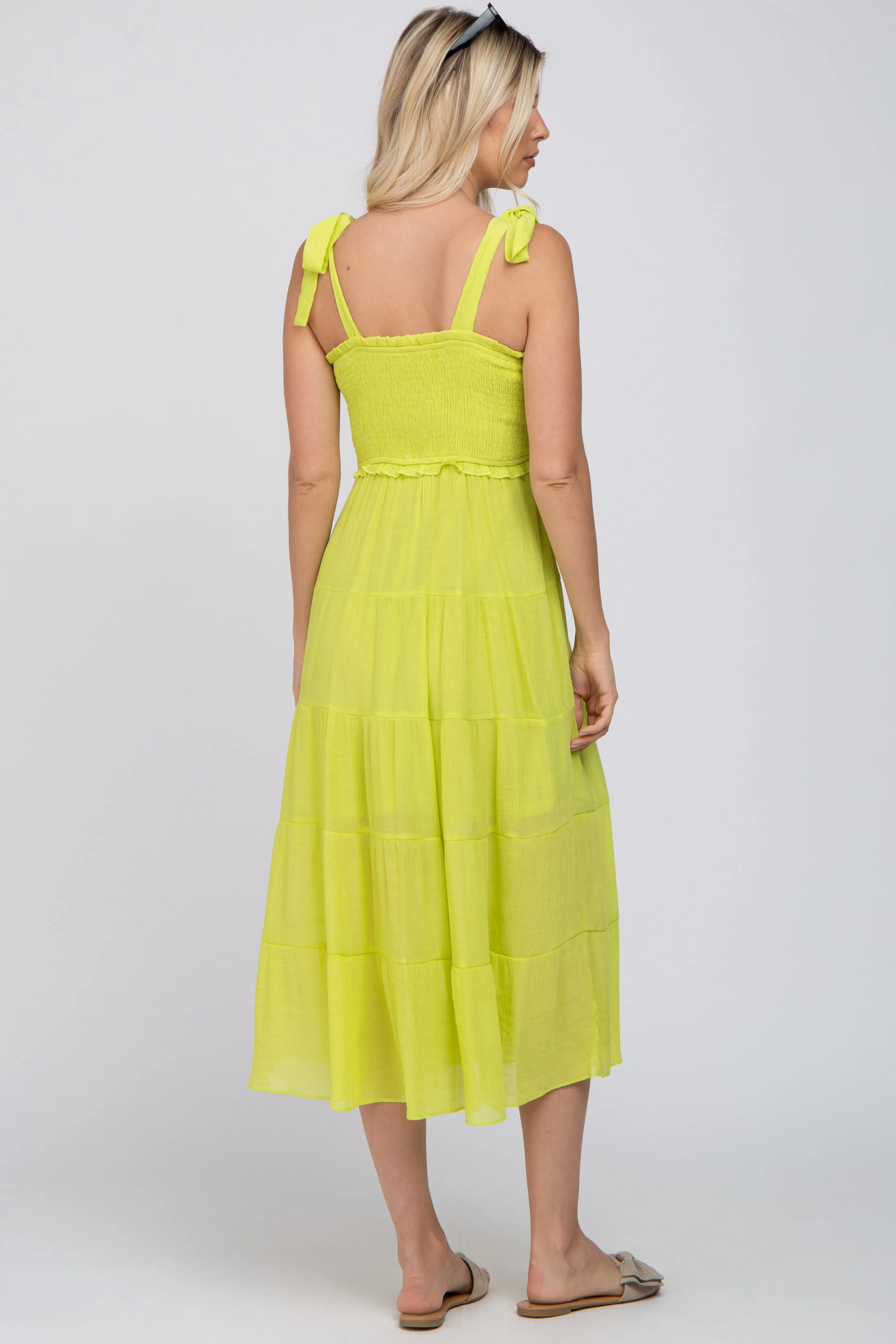 Neon Yellow Smocked Tie Strap Tiered Midi Dress sold by Pinkblush product image thumbnail 3