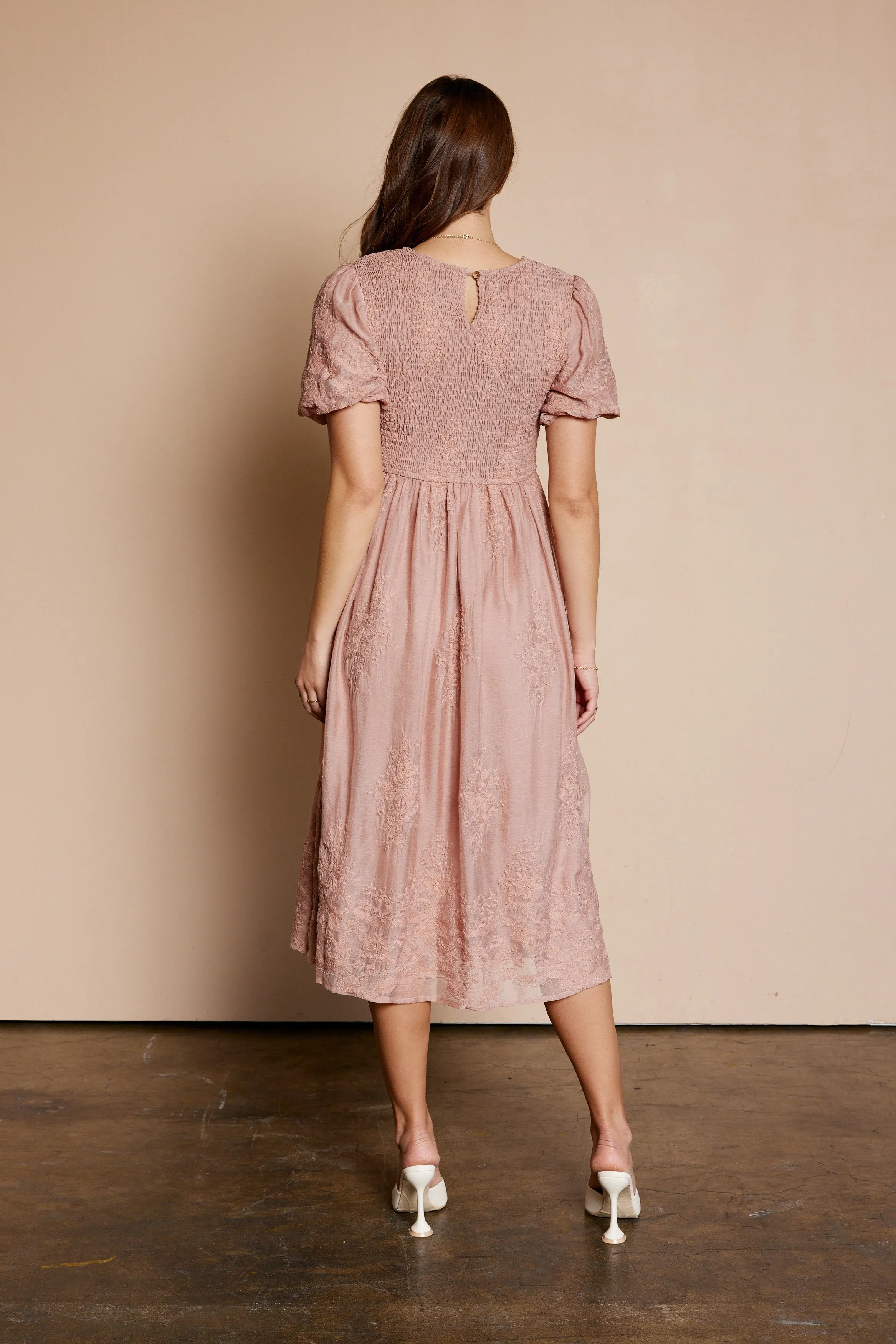Mauve Floral Lace Smocked Midi Dress sold by Pinkblush product image thumbnail 3