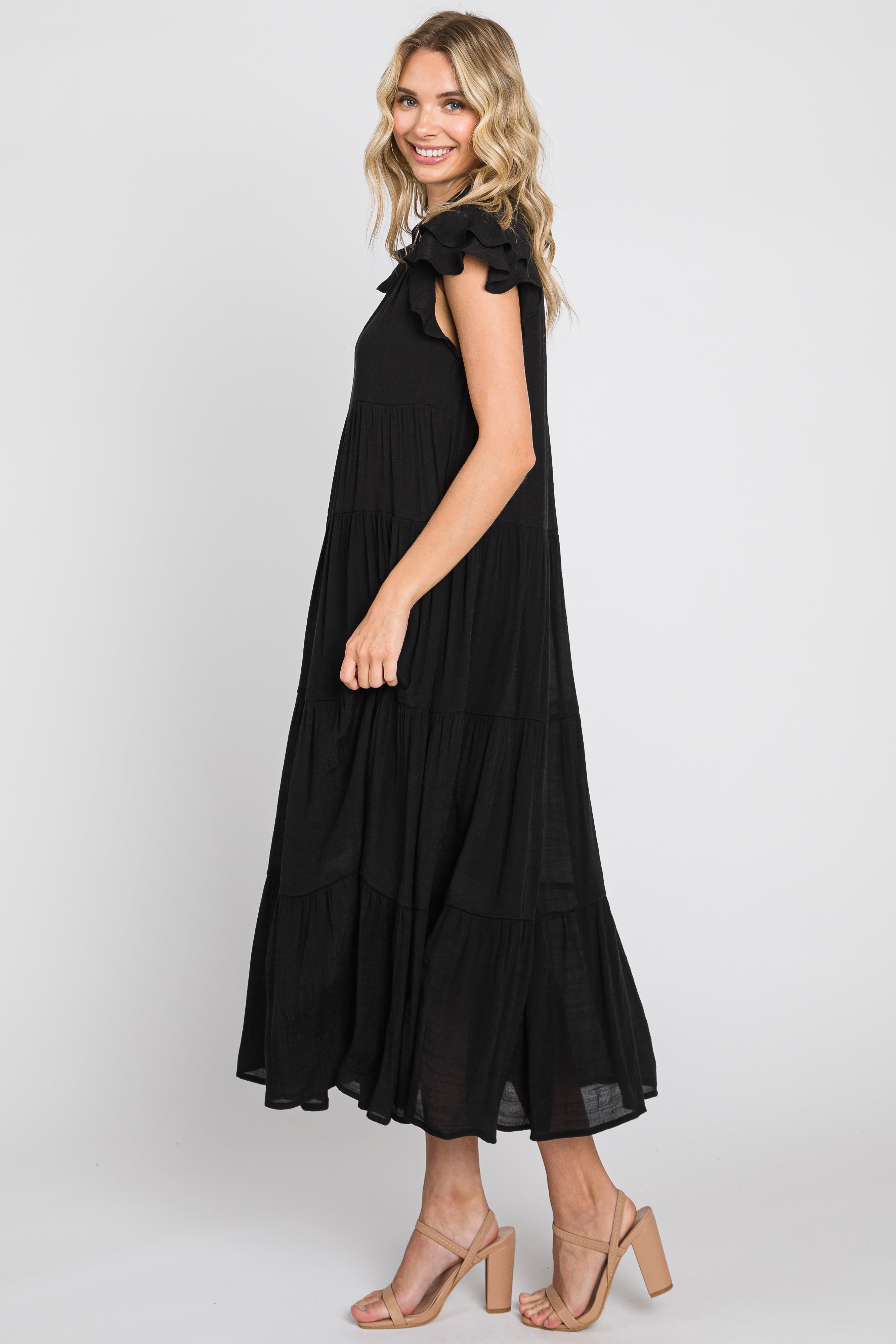 Black Flutter Sleeve Tiered Midi Dress sold by Pinkblush product image thumbnail 2