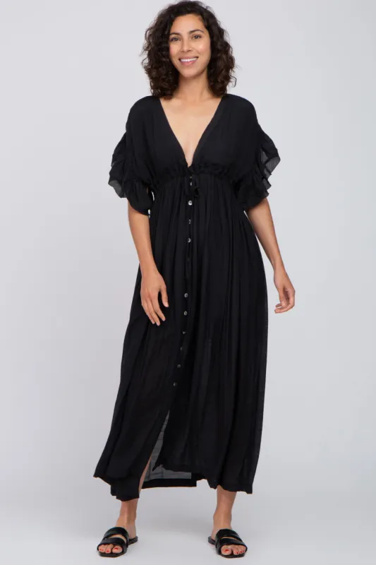 Black Deep V-Neck Button Down Maxi Dress sold by Pinkblush