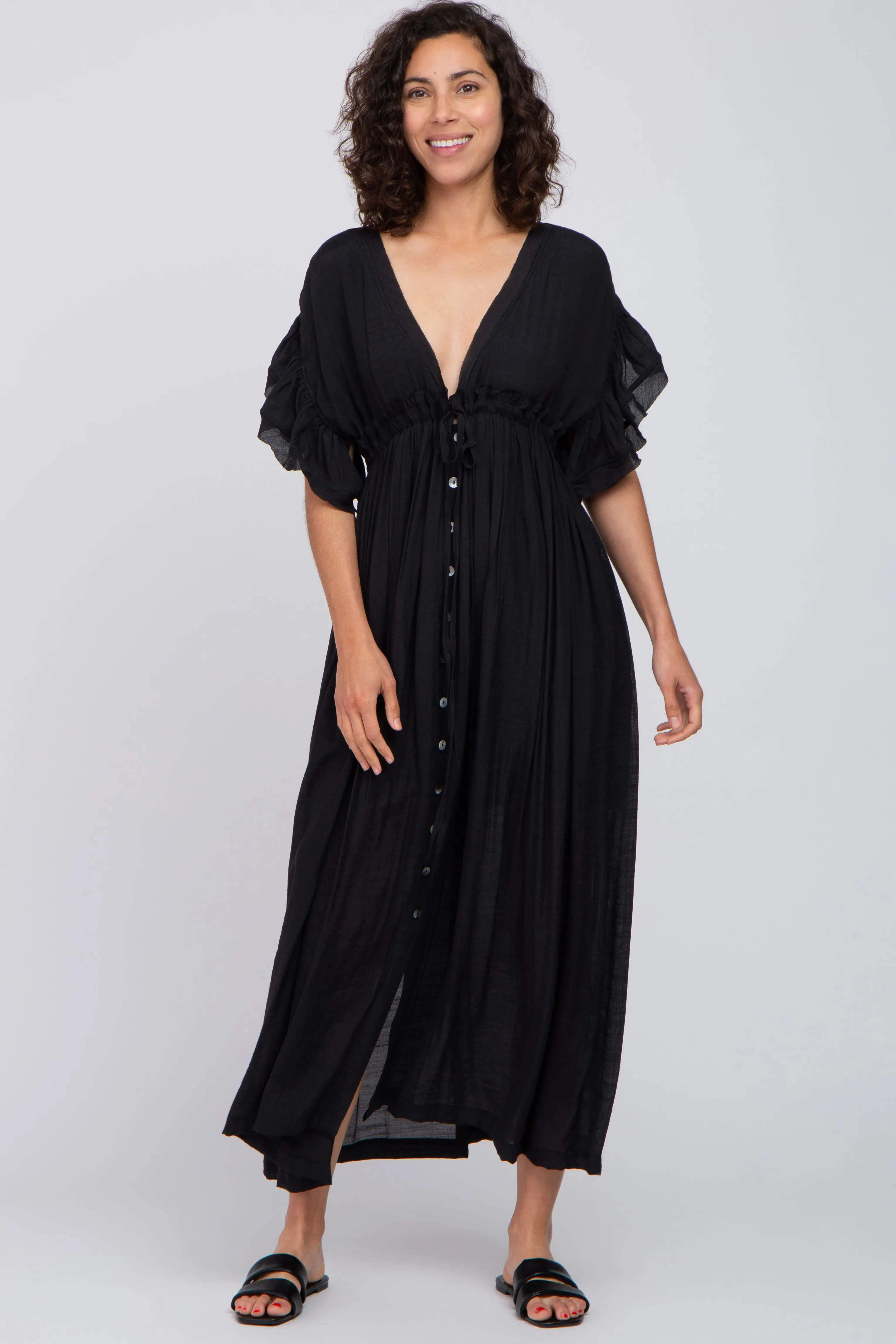 Black Deep V-Neck Button Down Maxi Dress sold by Pinkblush