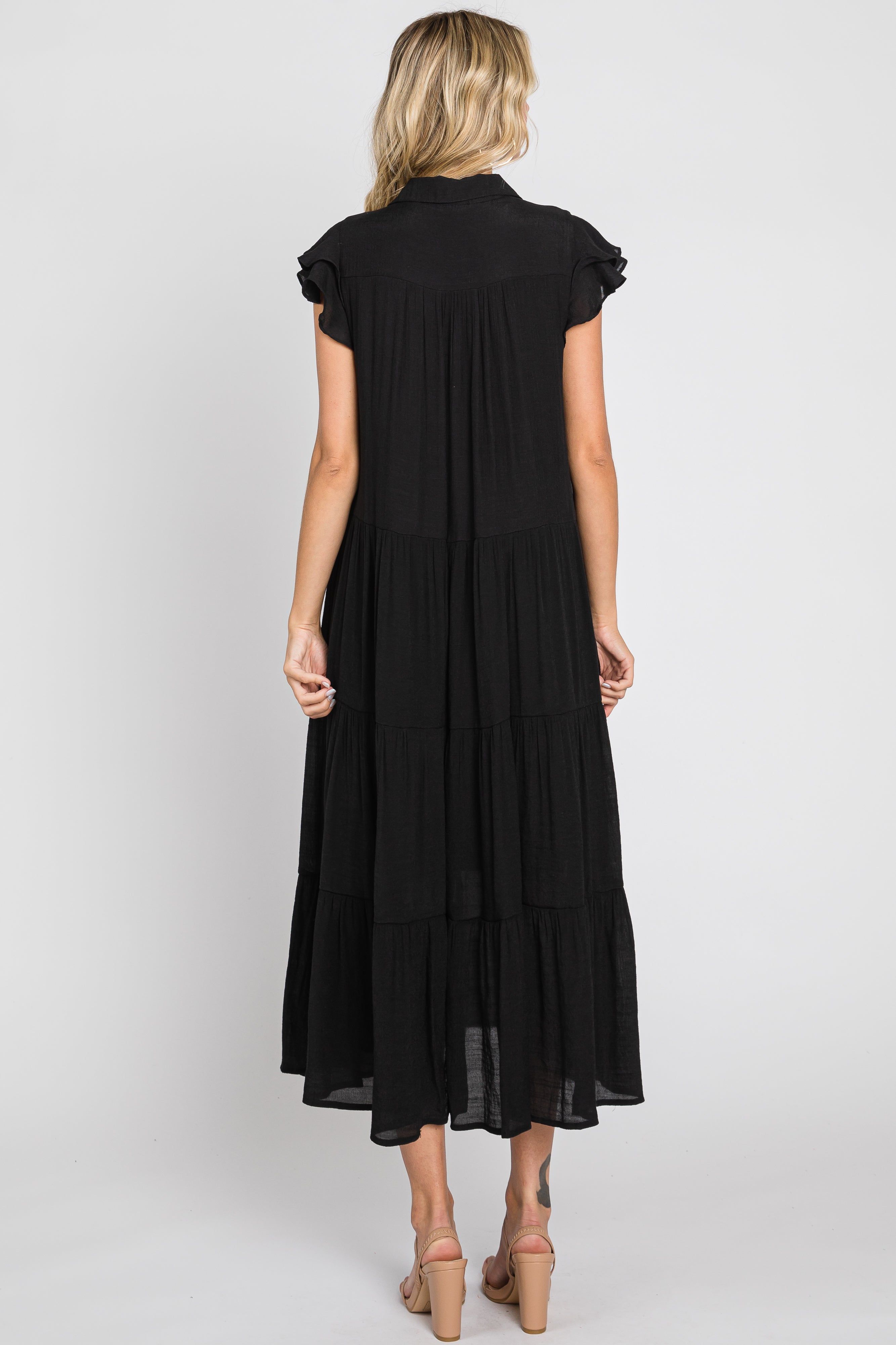 Black Flutter Sleeve Tiered Midi Dress sold by Pinkblush product image thumbnail 3