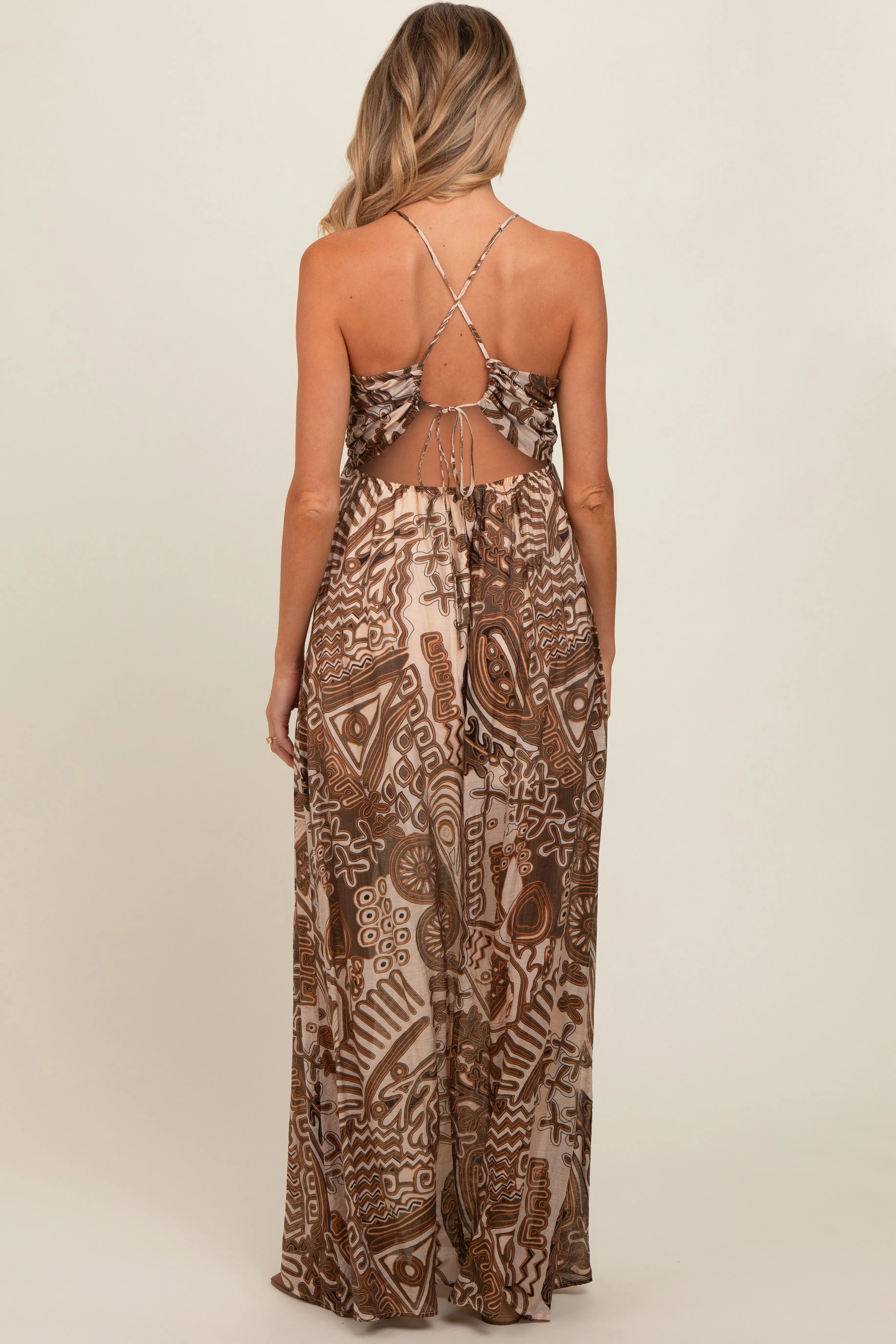 Brown Printed Halter Cutout Maternity Maxi Dress sold by Pinkblush product image thumbnail 4