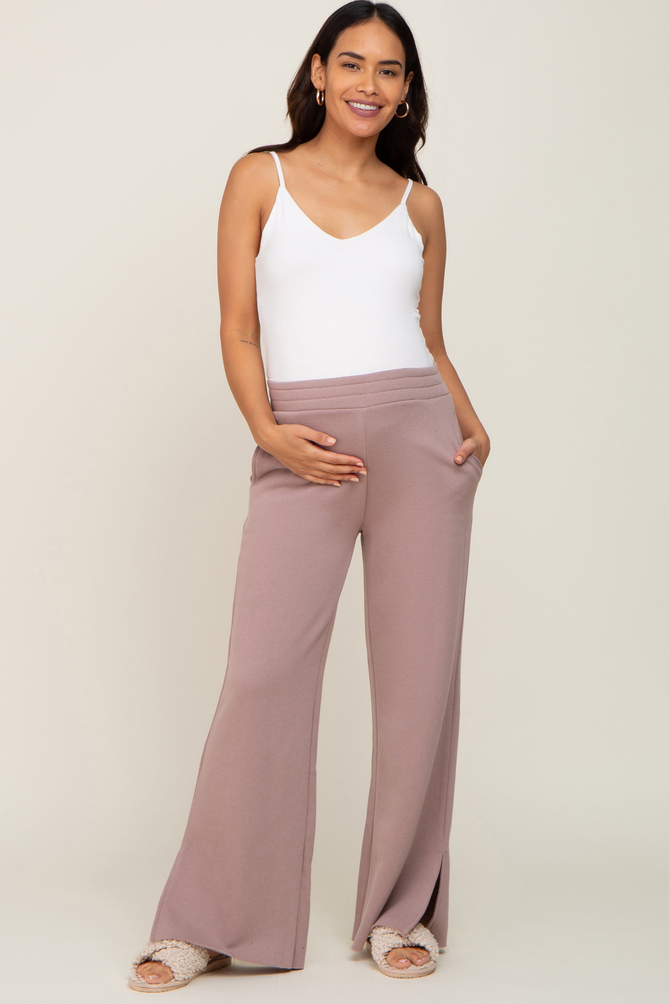 Mocha Soft Wide Leg Side Slit Maternity Sweatpants sold by Pinkblush