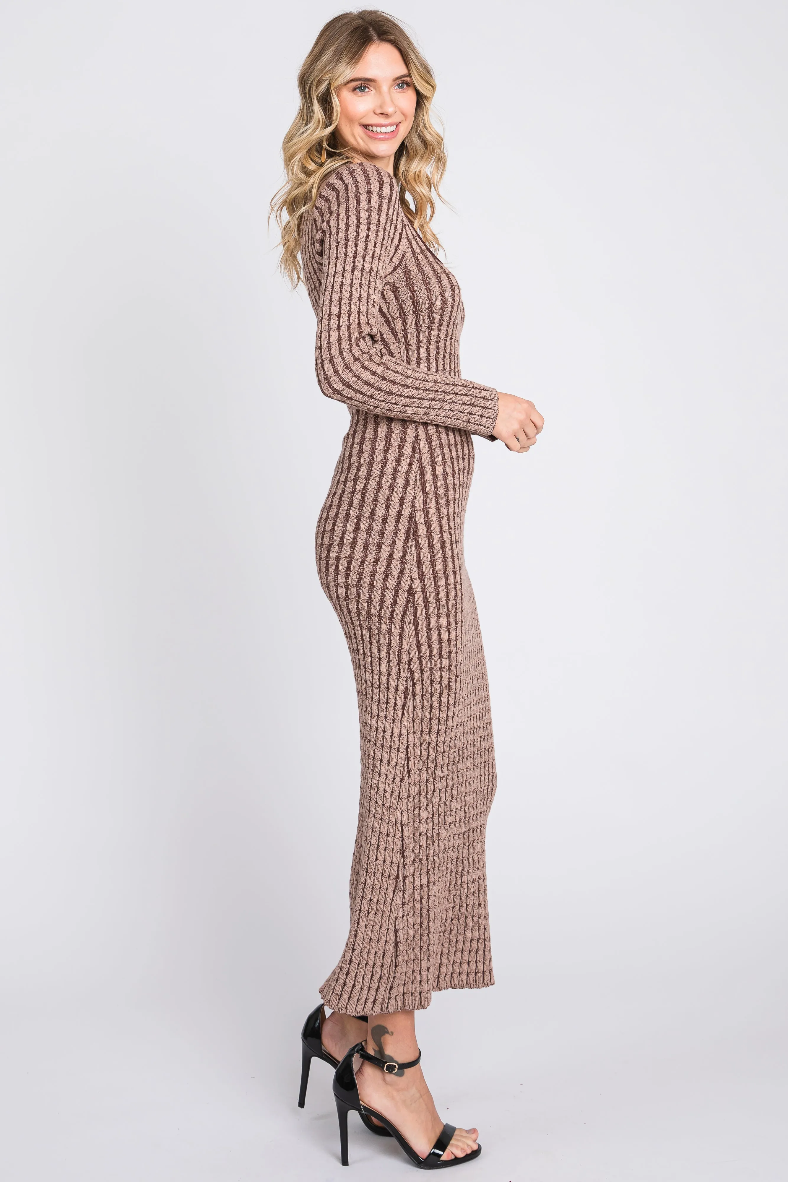 Brown Cable Knit Fitted Midi Dress sold by Pinkblush product image thumbnail 3