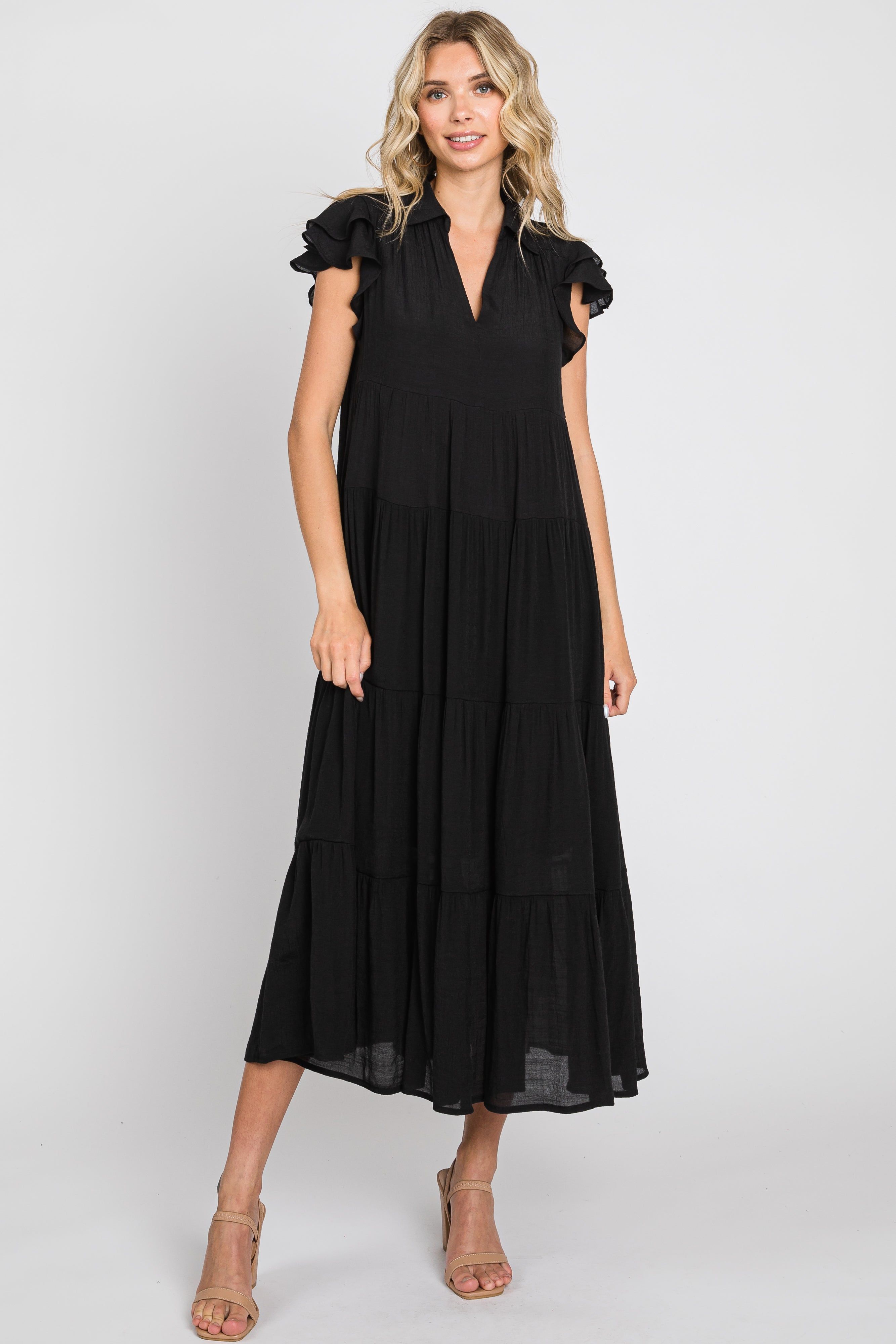 Black Flutter Sleeve Tiered Midi Dress sold by Pinkblush