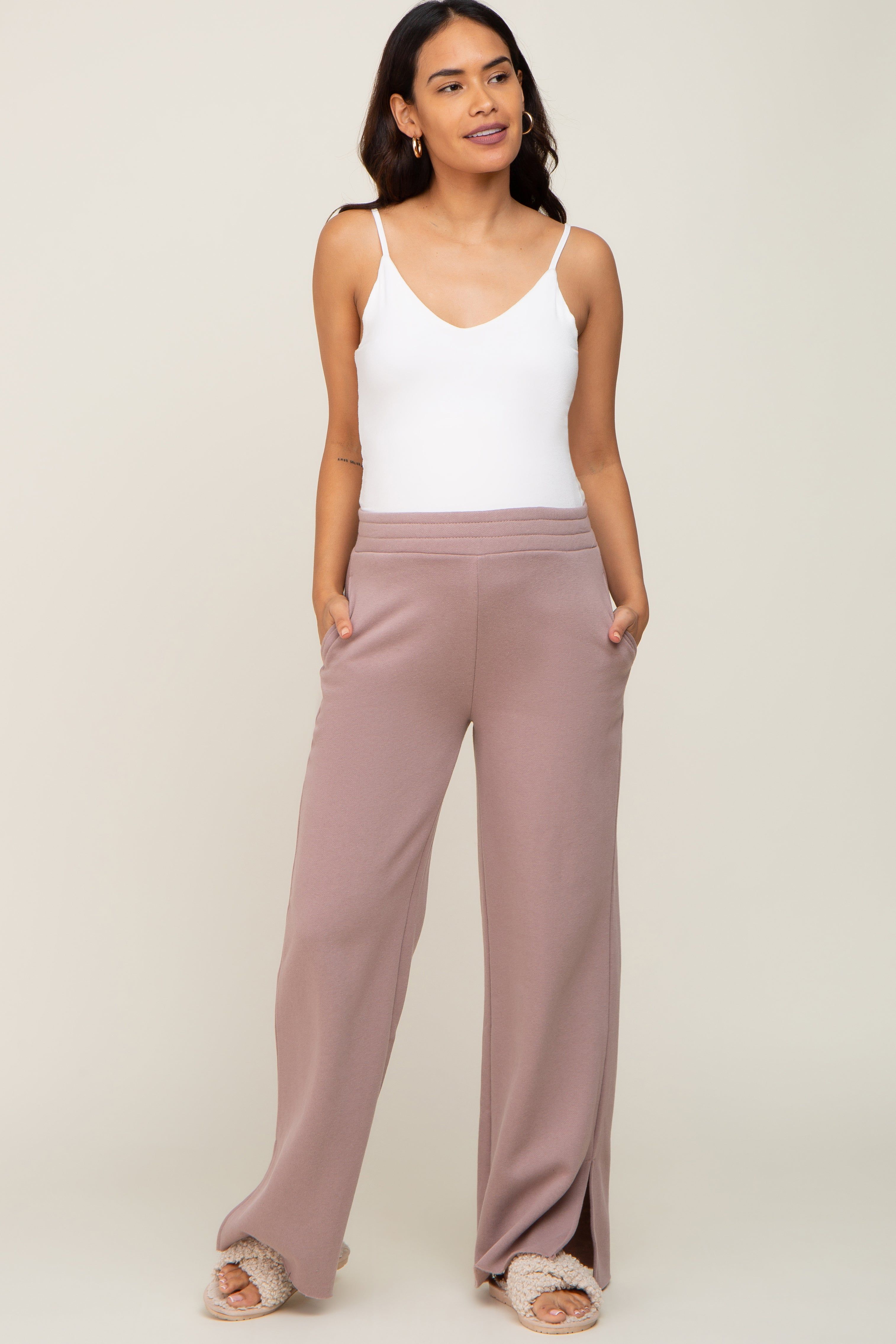 Mocha Soft Wide Leg Side Slit Maternity Sweatpants sold by Pinkblush product image thumbnail 5