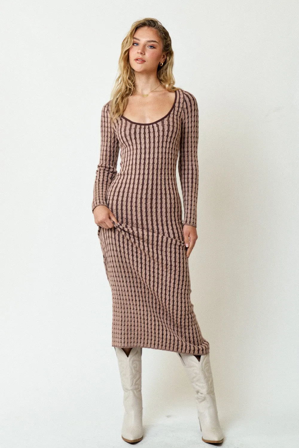 Brown Cable Knit Fitted Midi Dress sold by Pinkblush