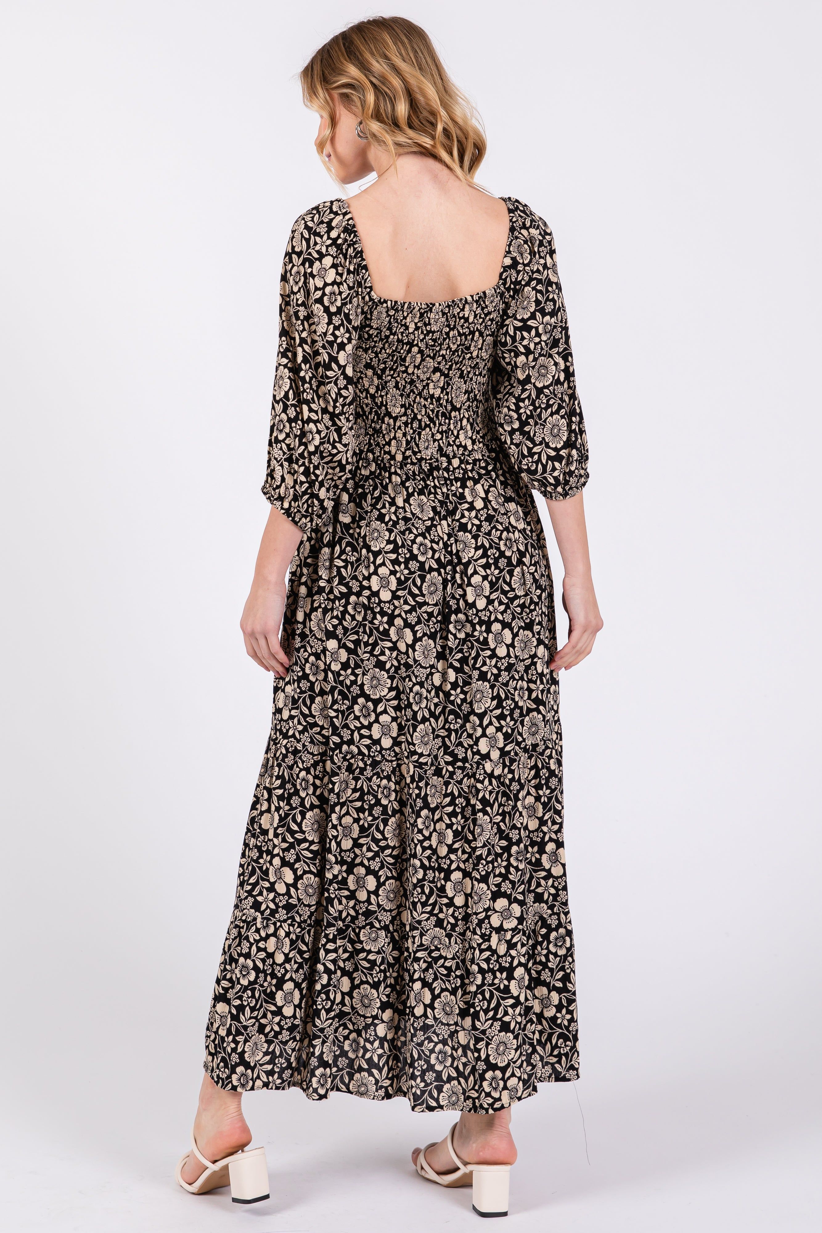 Black Floral Smocked Half Sleeve Midi Dress sold by Pinkblush product image thumbnail 4