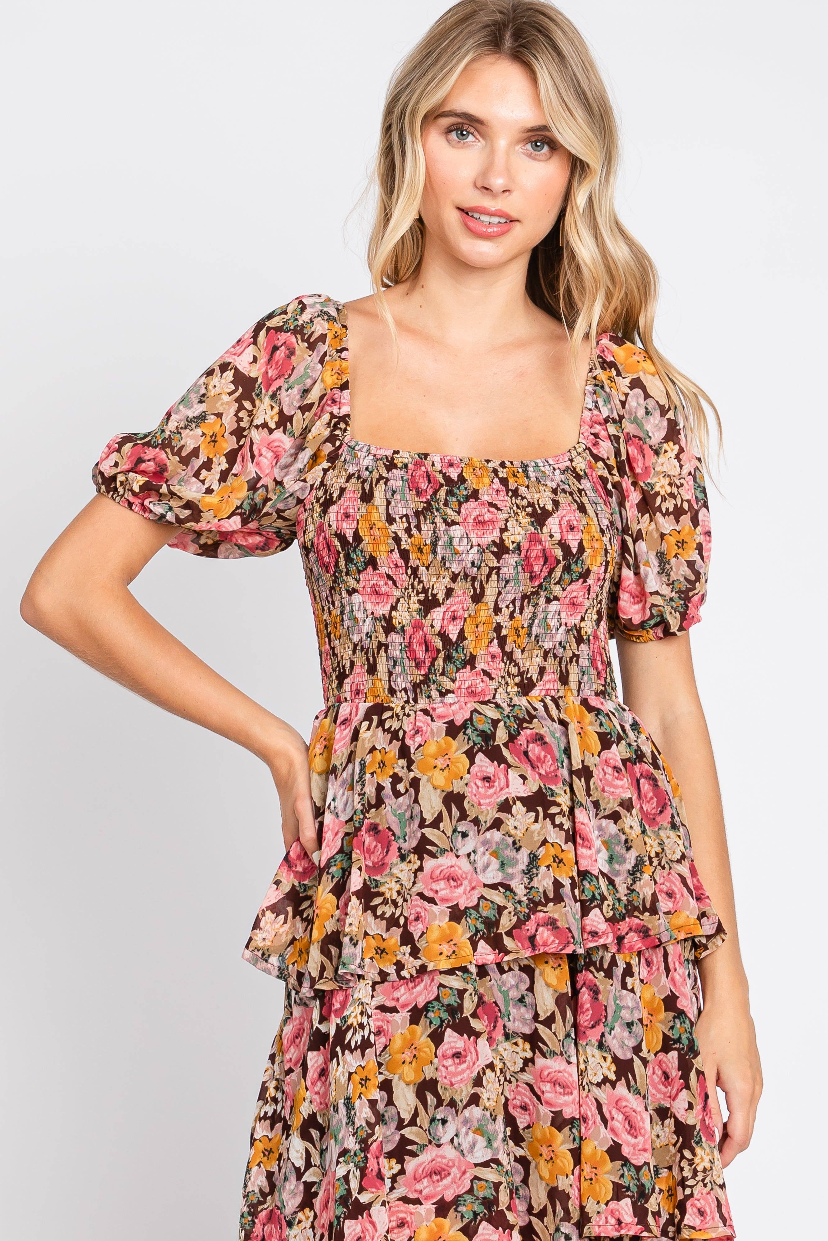 Brown Floral Smocked Square Neck Ruffle Layered Maxi Dress sold by Pinkblush product image thumbnail 5