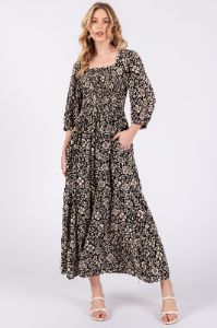 Black Floral Smocked Half Sleeve Midi Dress sold by Pinkblush