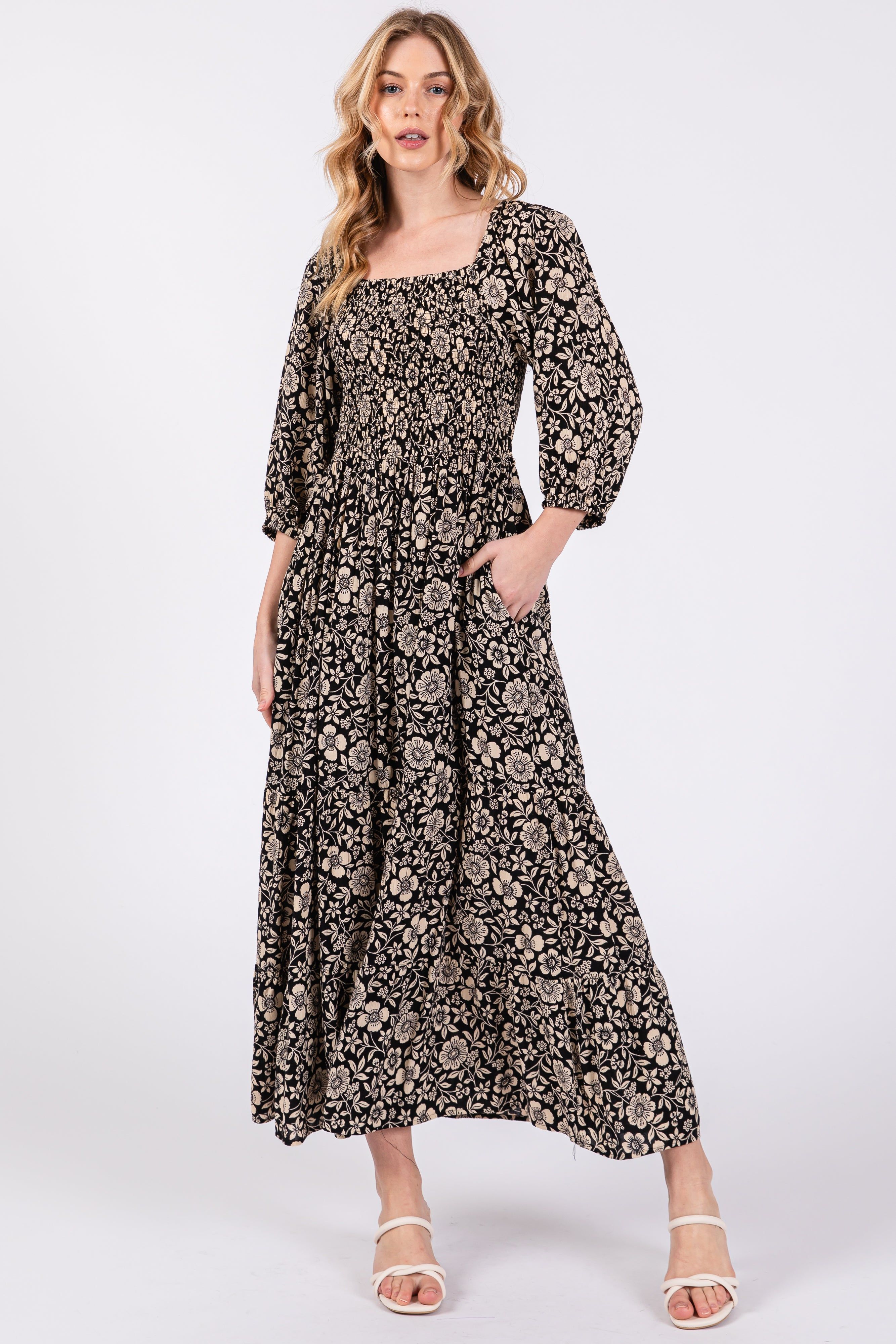 Black Floral Smocked Half Sleeve Midi Dress sold by Pinkblush