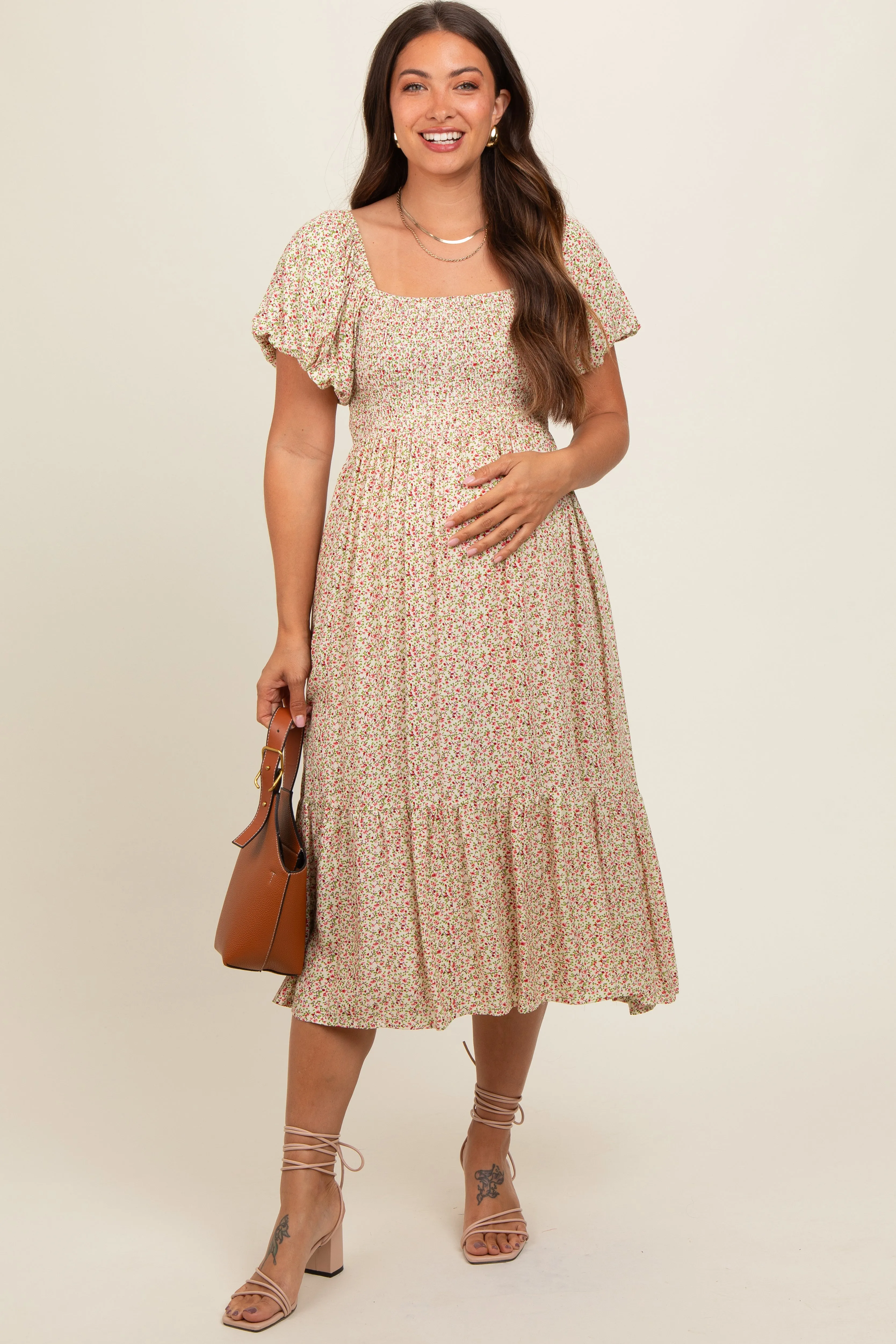 Cream Floral Smocked Maternity Midi Dress sold by Pinkblush product image thumbnail 2