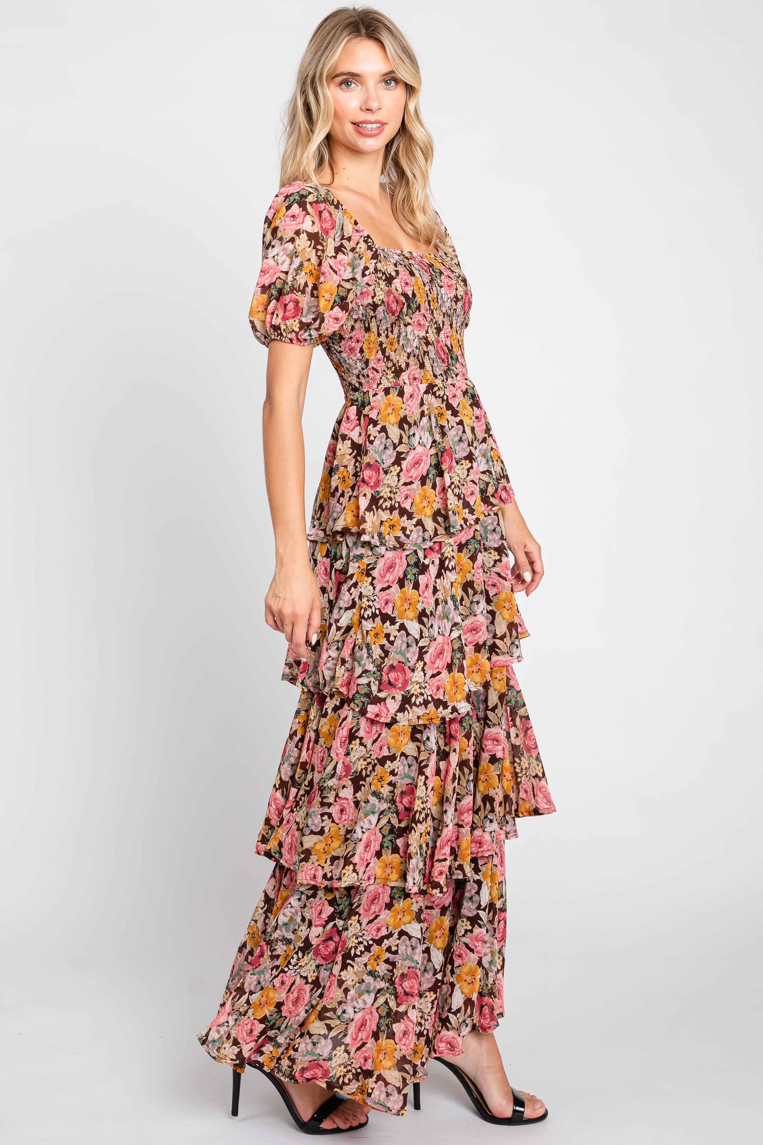 Brown Floral Smocked Square Neck Ruffle Layered Maxi Dress sold by Pinkblush product image thumbnail 2