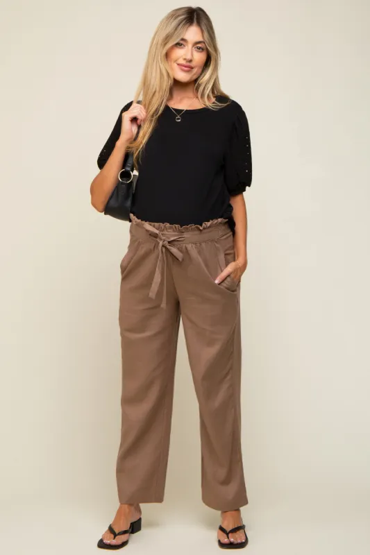 Mocha Ruffle Tie Waist Linen Maternity Pants sold by Pinkblush